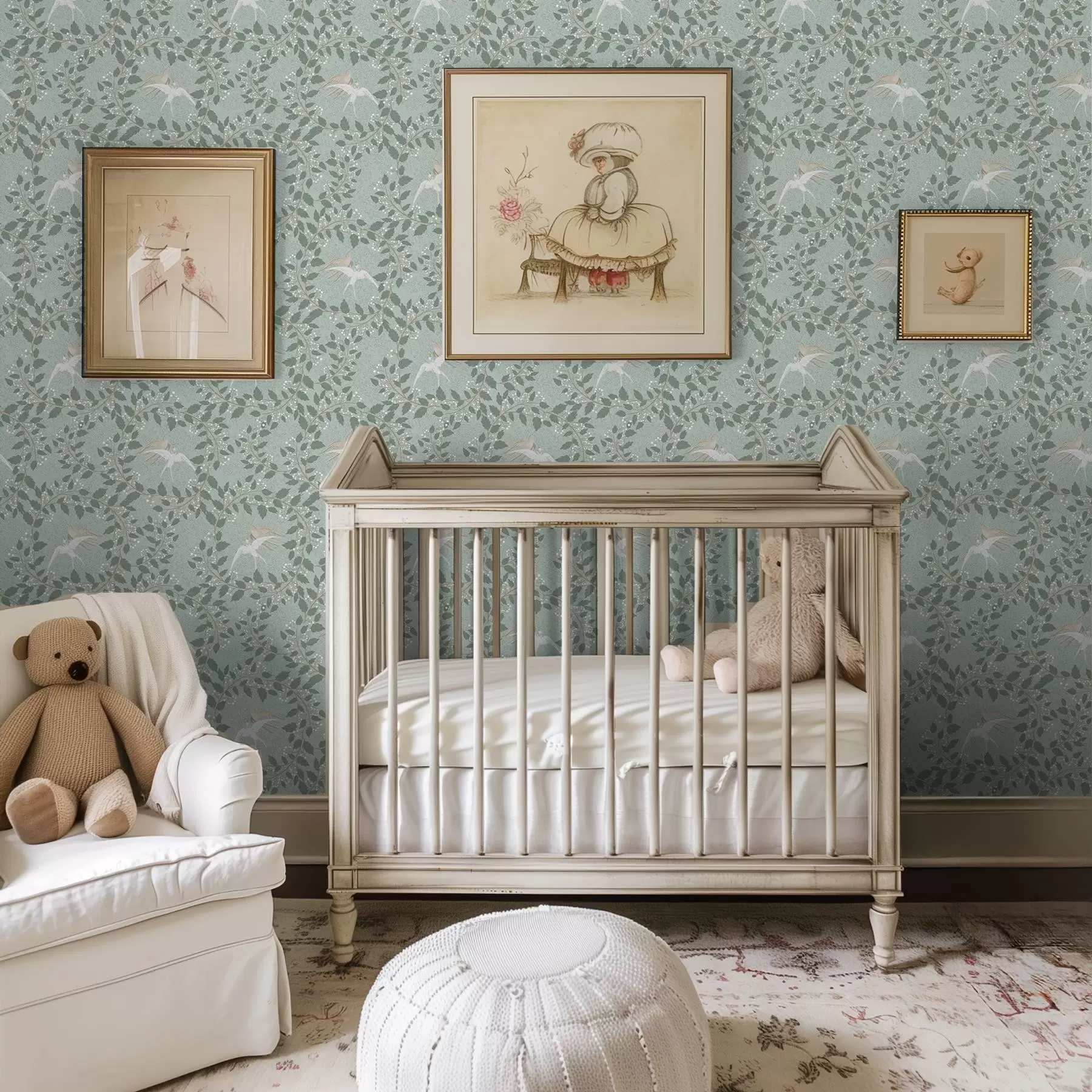 Fototapeta Gałęzie z białymi jagodami i ptakami na zielonym tle a00731