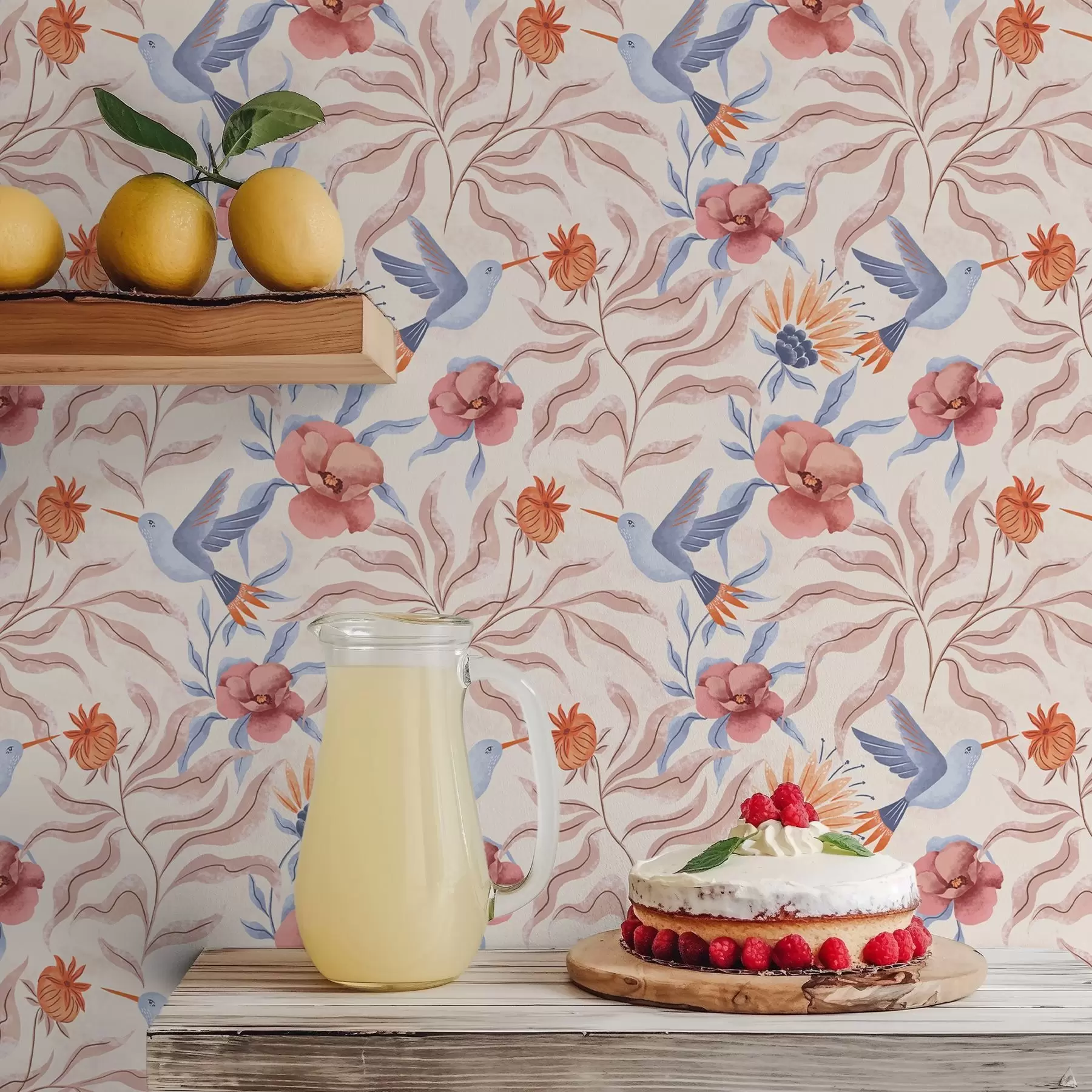 Fototapeta Koliberki wśród dużych kwiatów w odcieniach różu i błękitu a00733