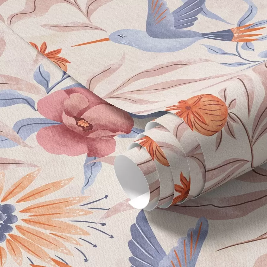 Fototapeta Koliberki wśród dużych kwiatów w odcieniach różu i błękitu a00733