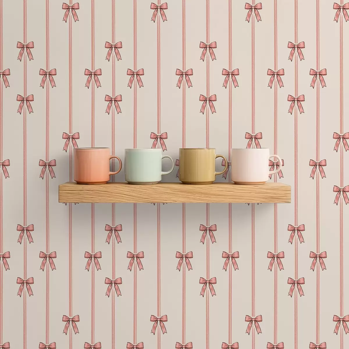 Tapeta Pionowe wstążki z kokardkami, tło w kolorze kości słoniowej a00653