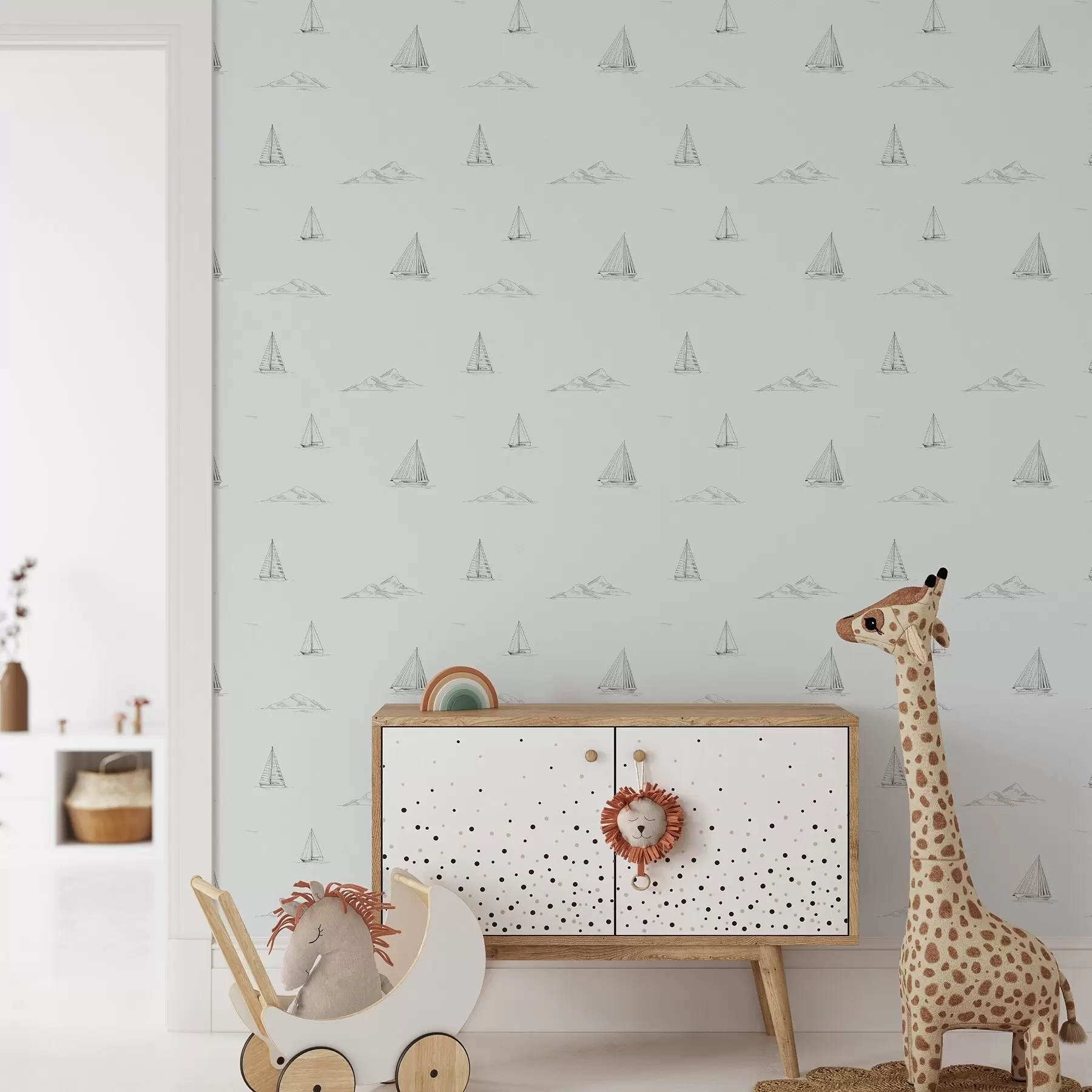 Fototapeta Szkic jachtów i wysp, chłodne niebiesko-szare tło a00654