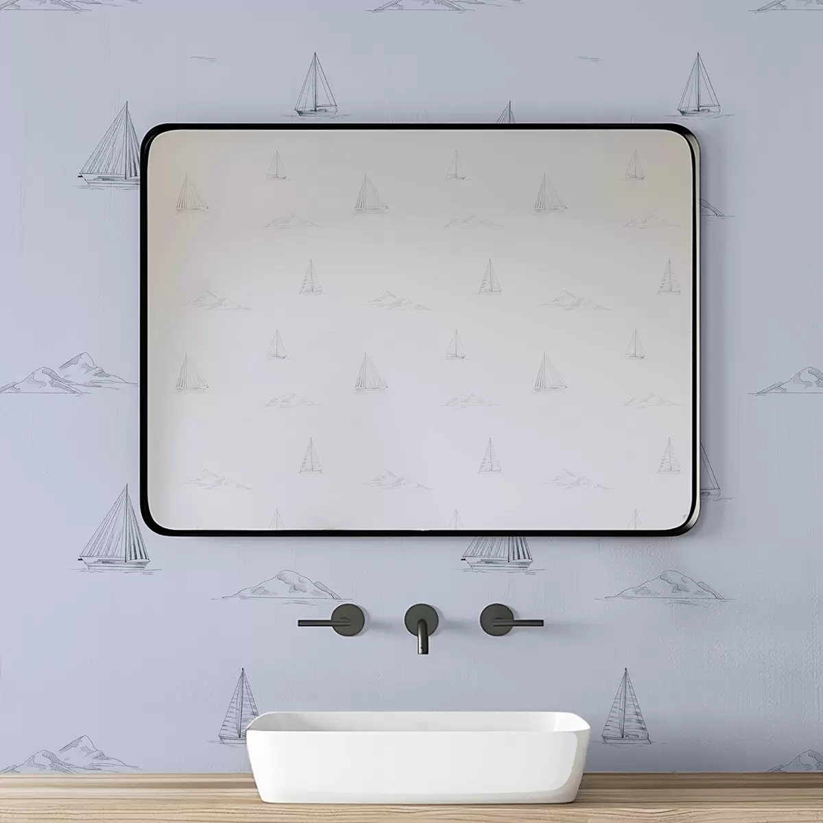 Tapeta Szkic jachtów i wysp na niebieskim tle a00654v3 Tapeta Szkic jachtów i wysp na niebieskim tle a00654v3