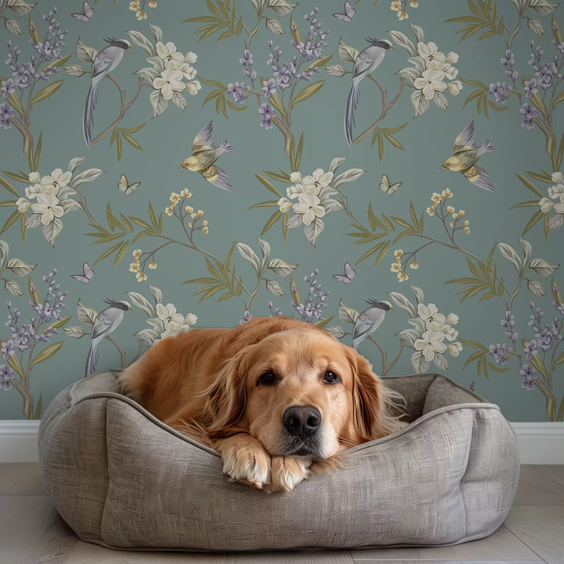 Fototapeta Ptaki, kwiaty i motyle na niebiesko-szarym tle a00735