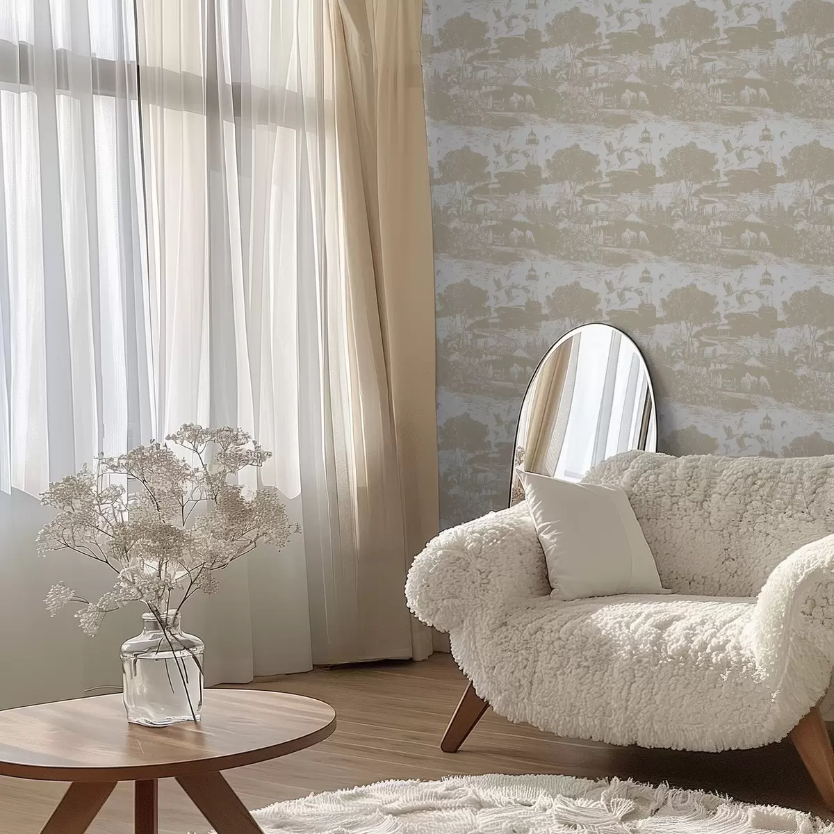 Tapeta Scena z latarnią morską, drzewami i domami w kolorze sjeny a00739