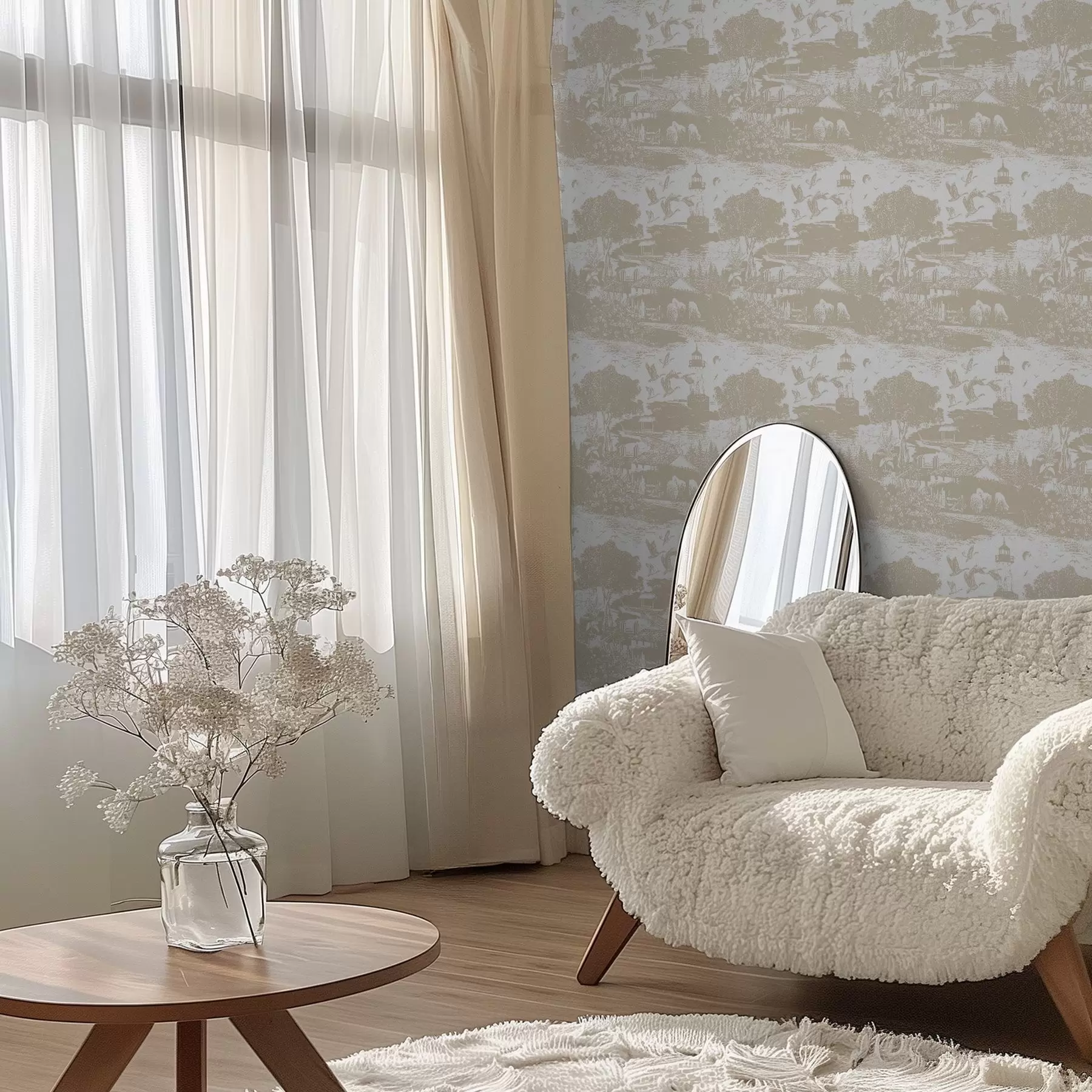 Fototapeta Scena z latarnią morską, drzewami i domami w kolorze sjeny a00739