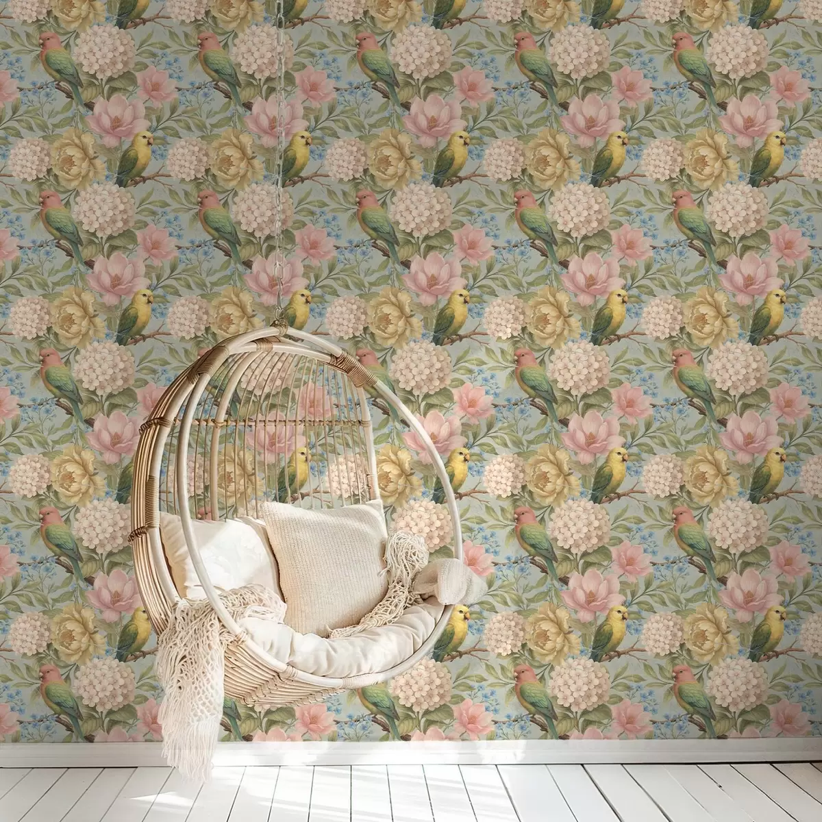 Tapeta Papugi wśród piwonii, hortensji i magnolii a00747