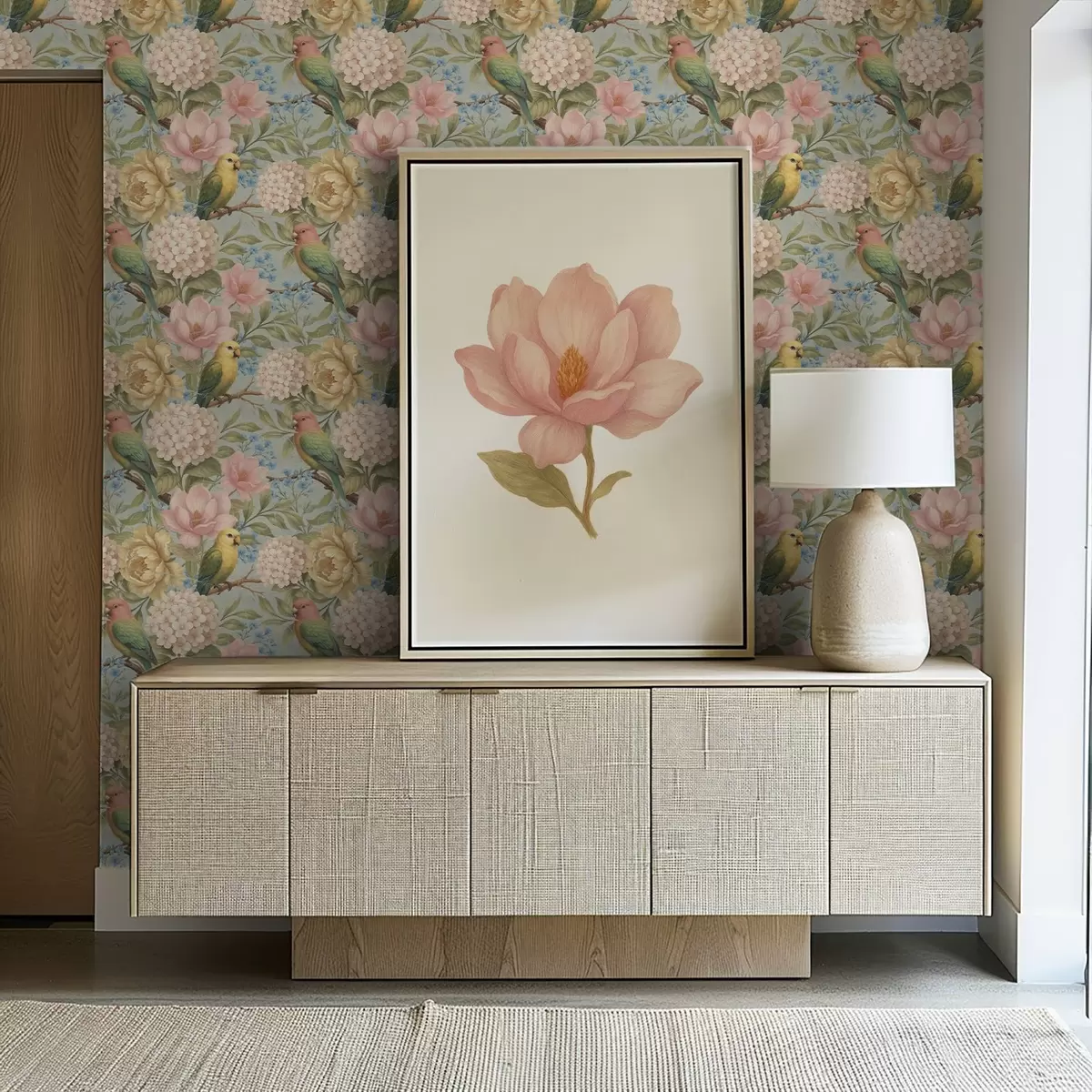 Tapeta Papugi wśród piwonii, hortensji i magnolii a00747