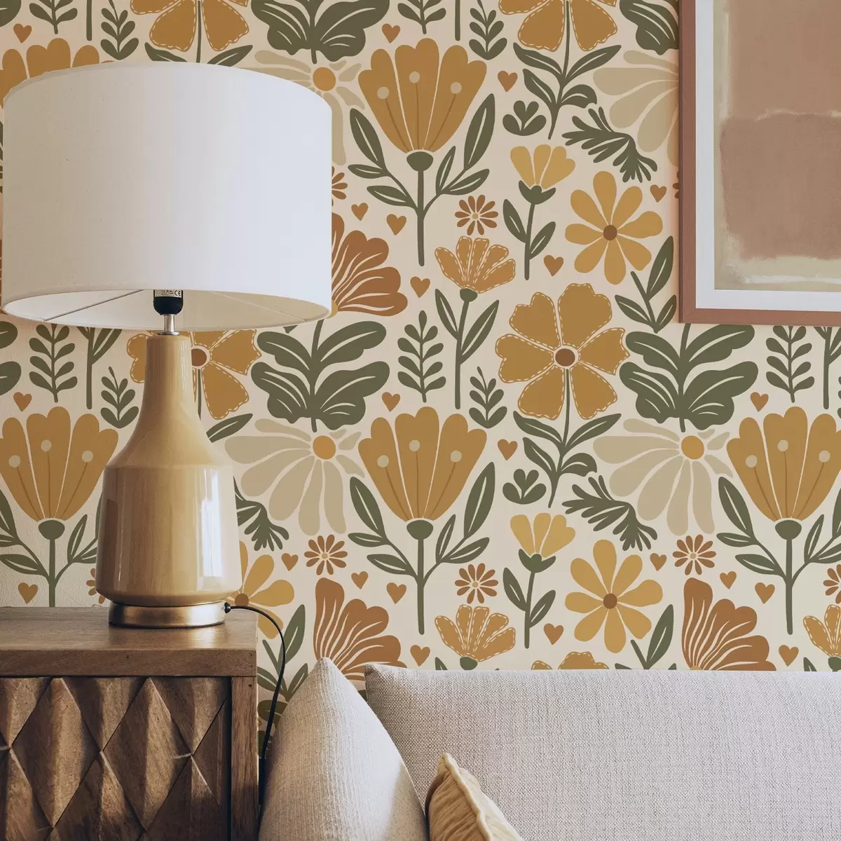 Tapeta Stylizowane kwiaty w ciepłych odcieniach z sercami a00752