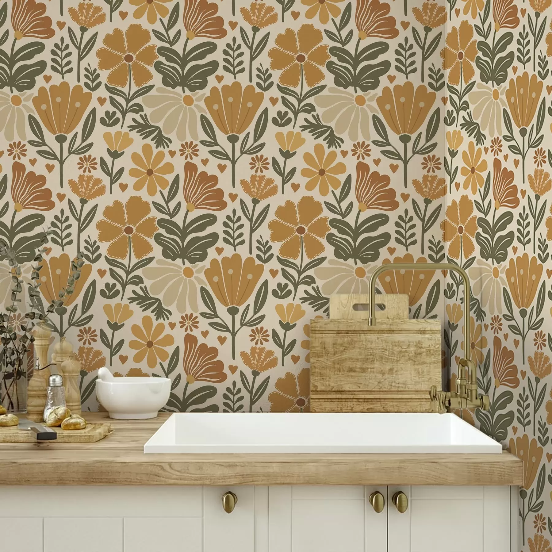 Fototapeta Stylizowane kwiaty w ciepłych odcieniach z sercami a00752