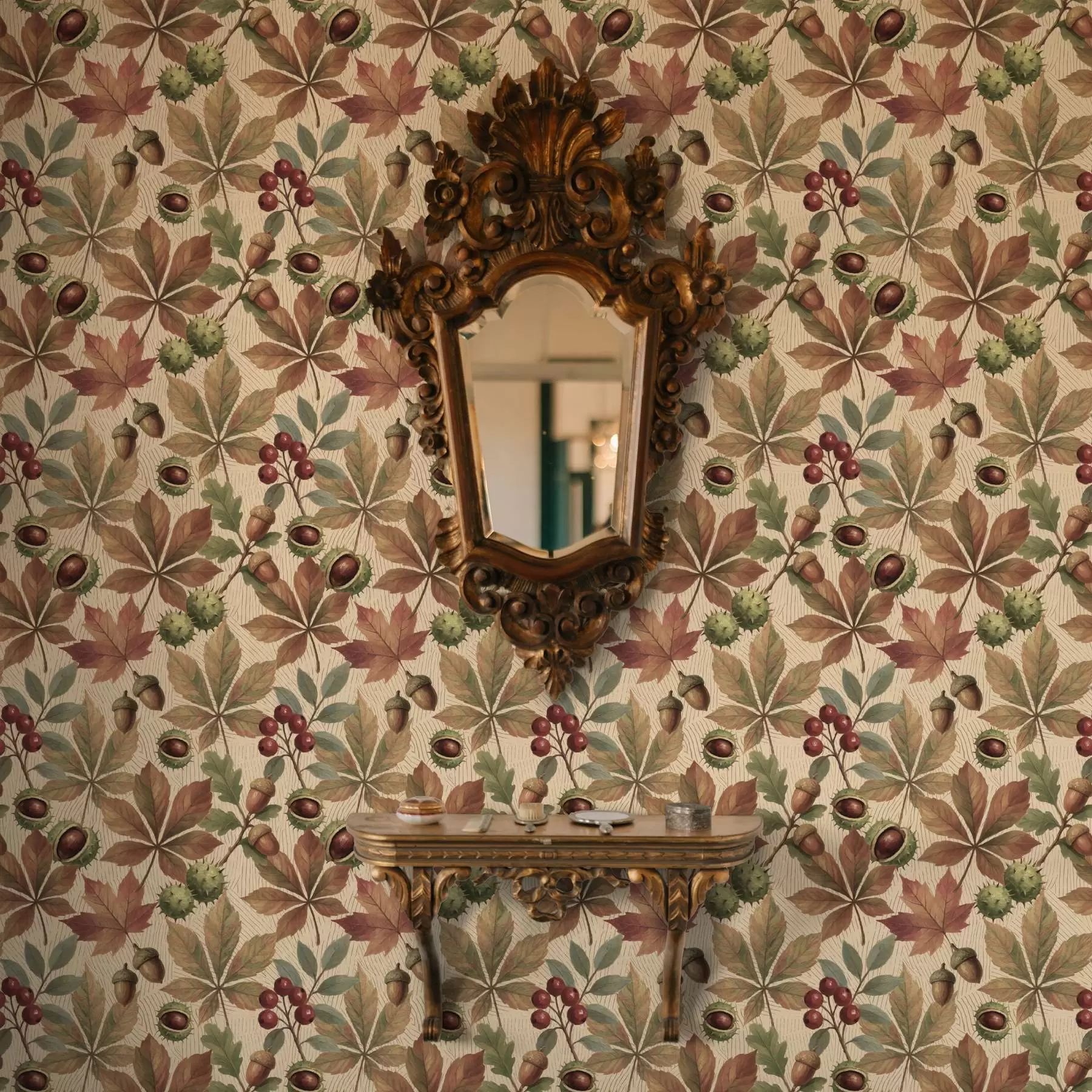 Fototapeta Jesienne liście, żołędzie i jagody na beżowym tle a00754