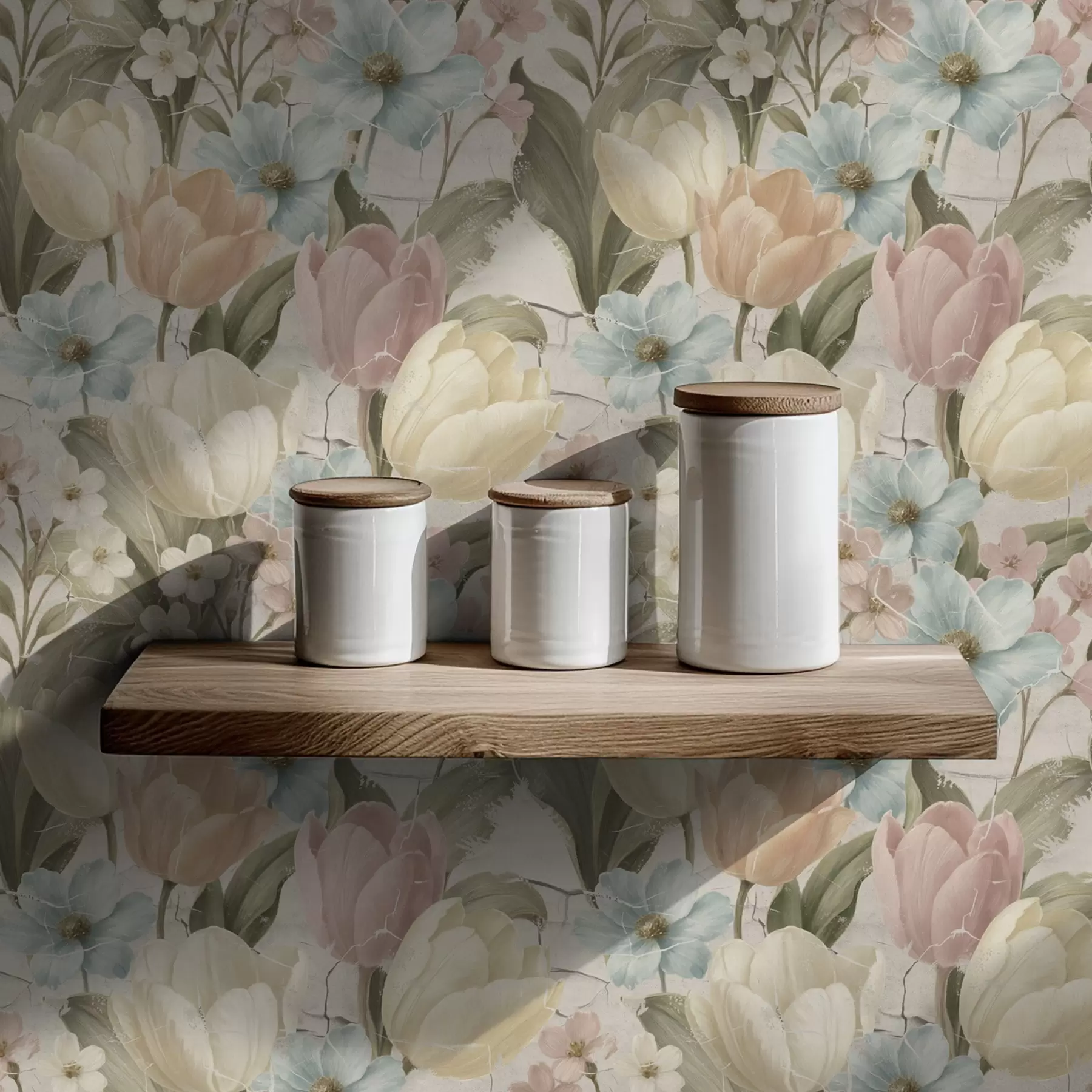 Fototapeta Pastelowe tulipany i kwiaty na jasnym, popękanym tle a00756