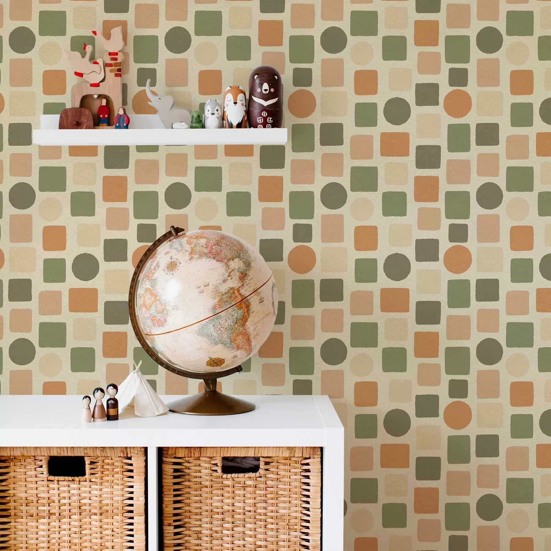 Fototapeta Geometryczny wzór kwadratów i okręgów w ciepłych odcieniach a00759