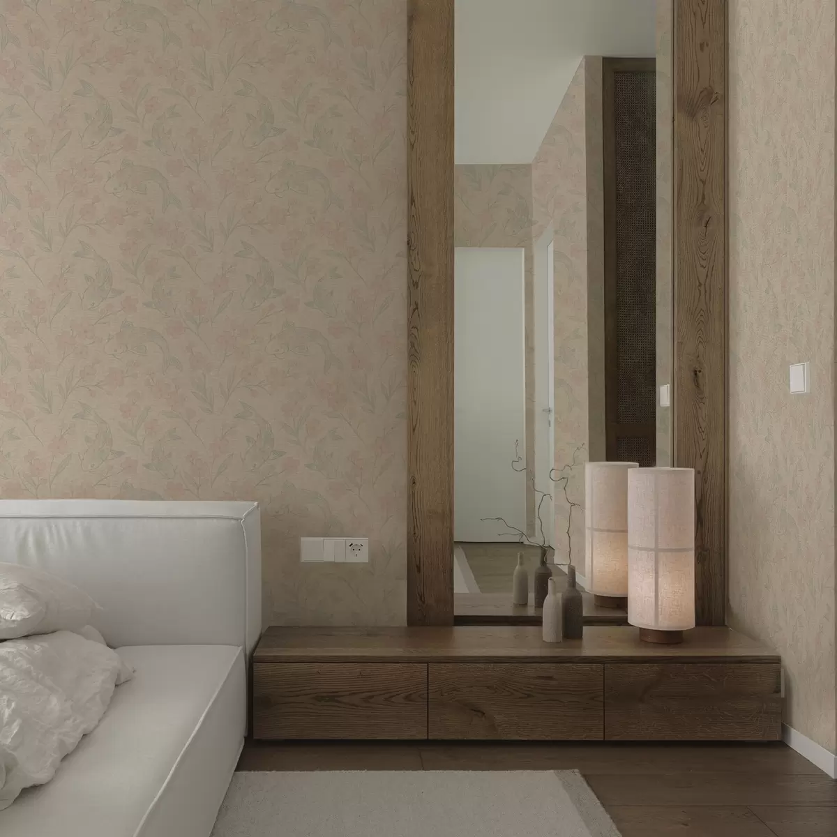 Tapeta Karpie wśród kwiatów w delikatnych odcieniach beżowo-różowych a00766