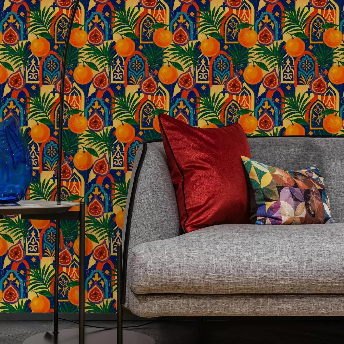 Tapeta Jasne pomarańcze, liście palmowe i marokańskie łuki a00767