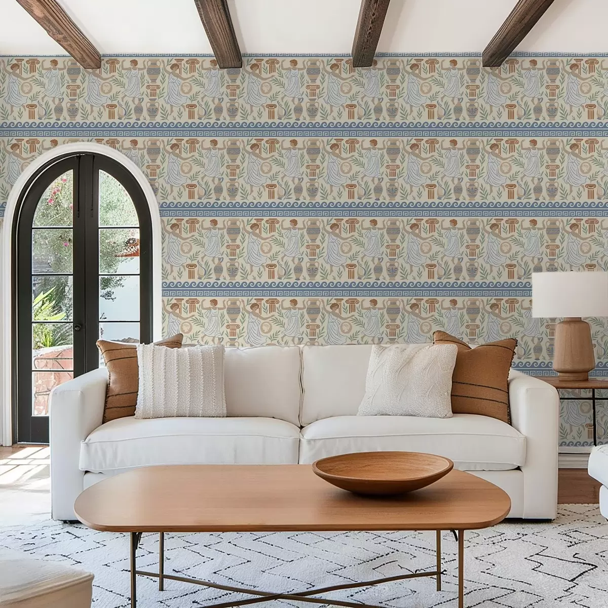 Tapeta Starożytna grecka ozdoba z postaciami, wazami i kolumnami a00768