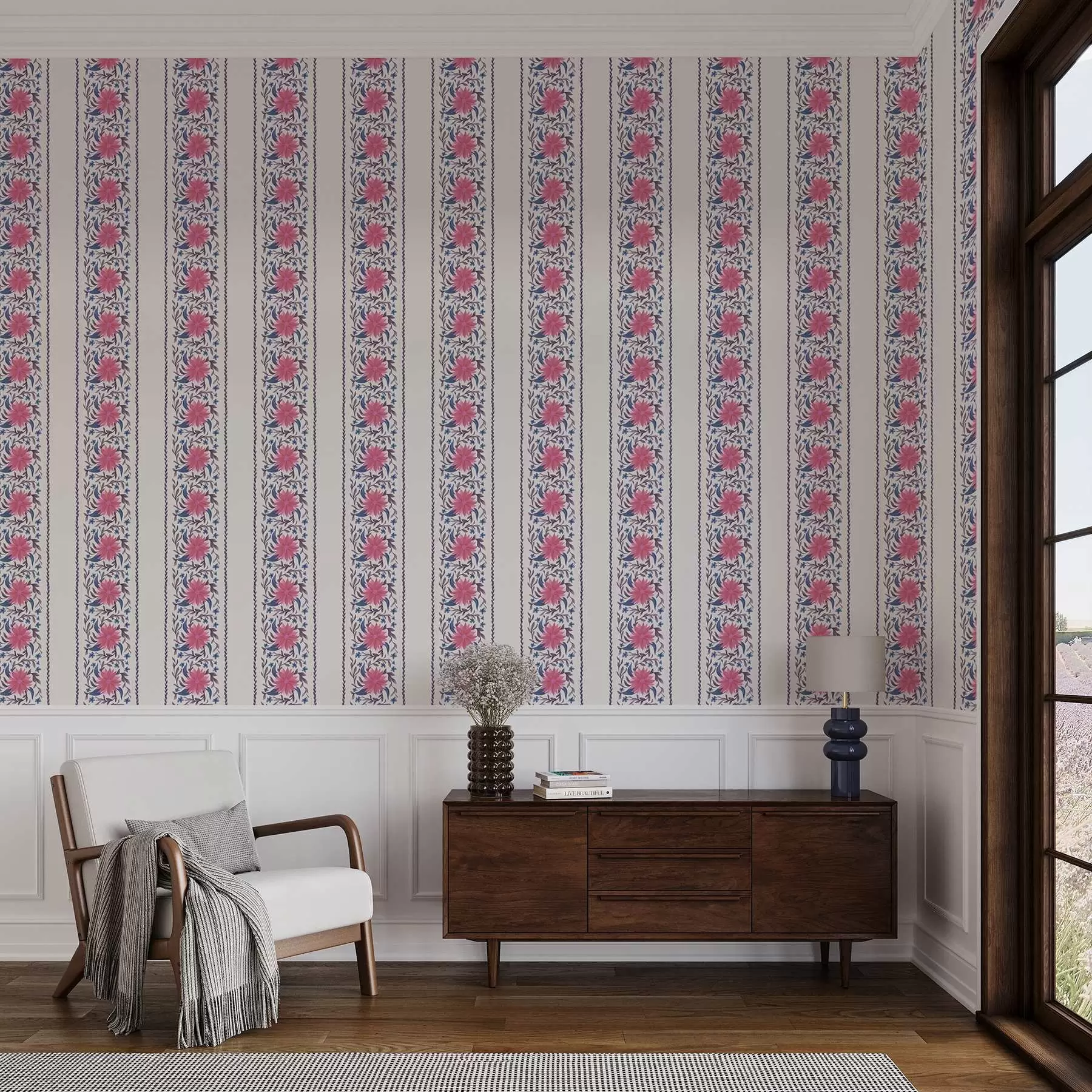 Fototapeta Pionowe paski w kwiatowy wzór w odcieniach różowo-fioletowych a00810