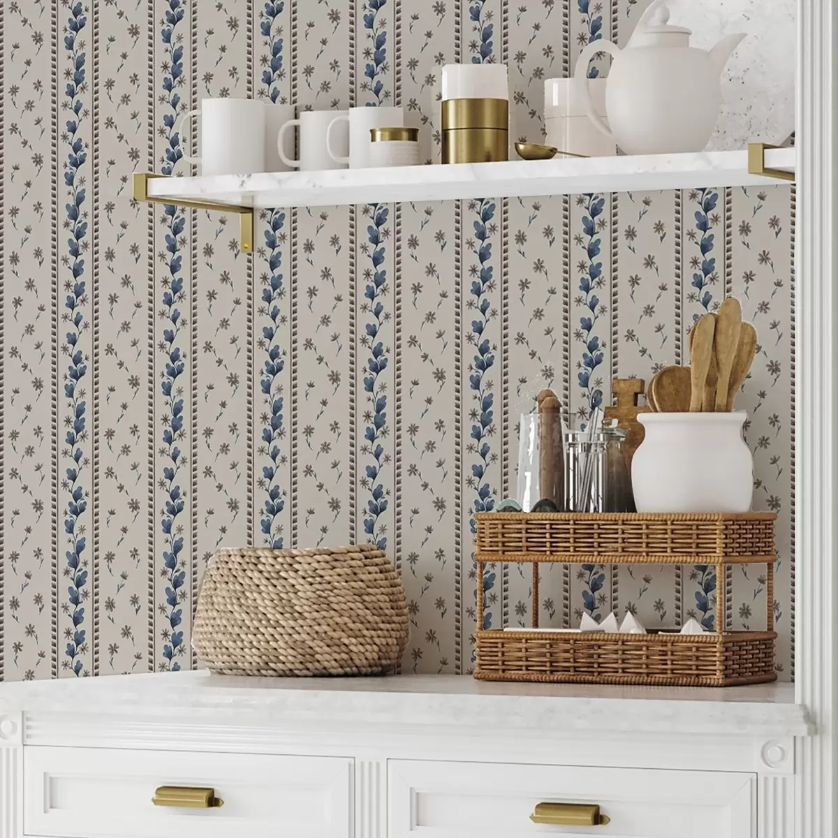 Tapeta Pionowe paski w kwiatowy wzór w odcieniach niebieskiego i brązowego a00811v3