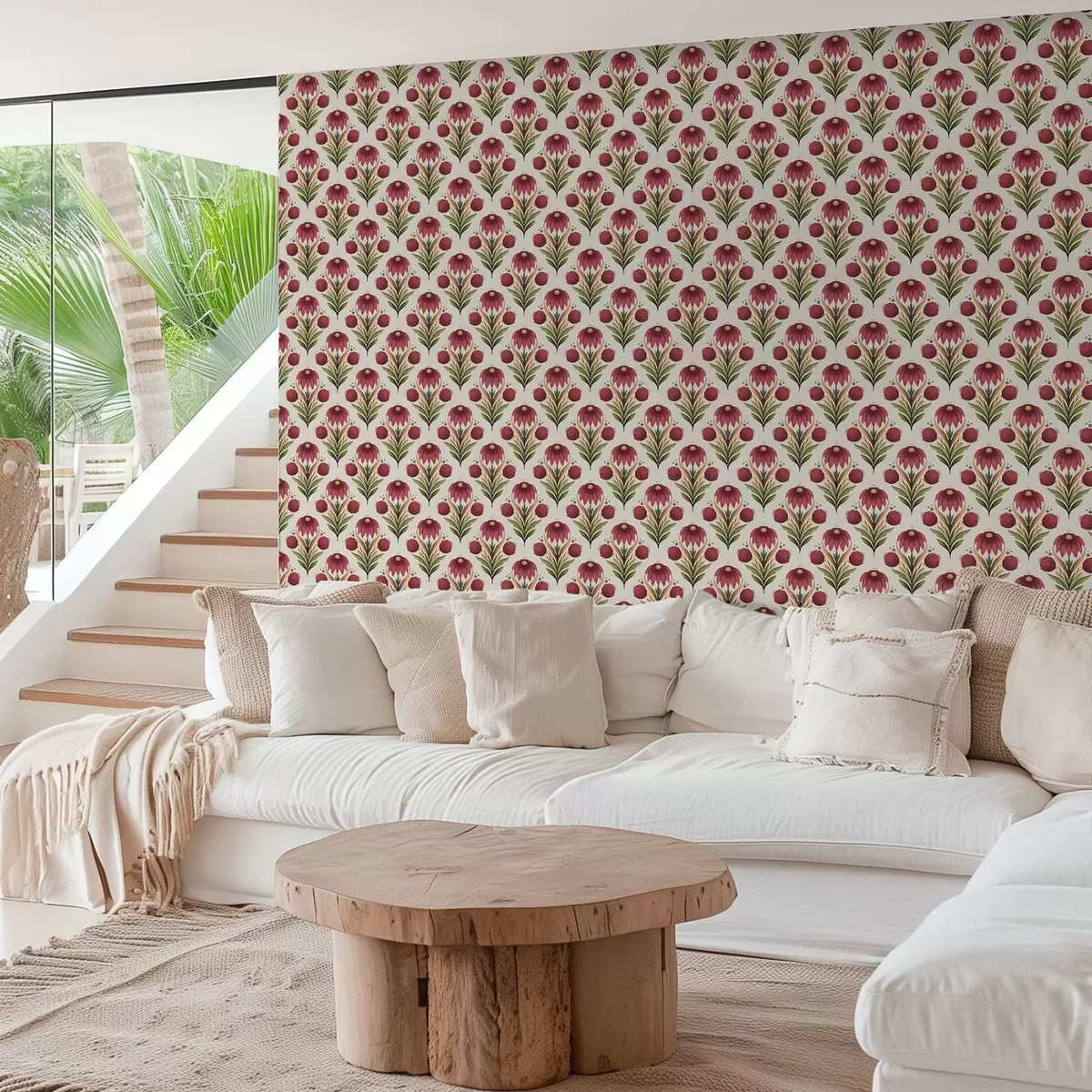 Tapeta Symetryczny ornament kwiatowy w bogatej czerwono-zielonej kolorystyce a00812v4