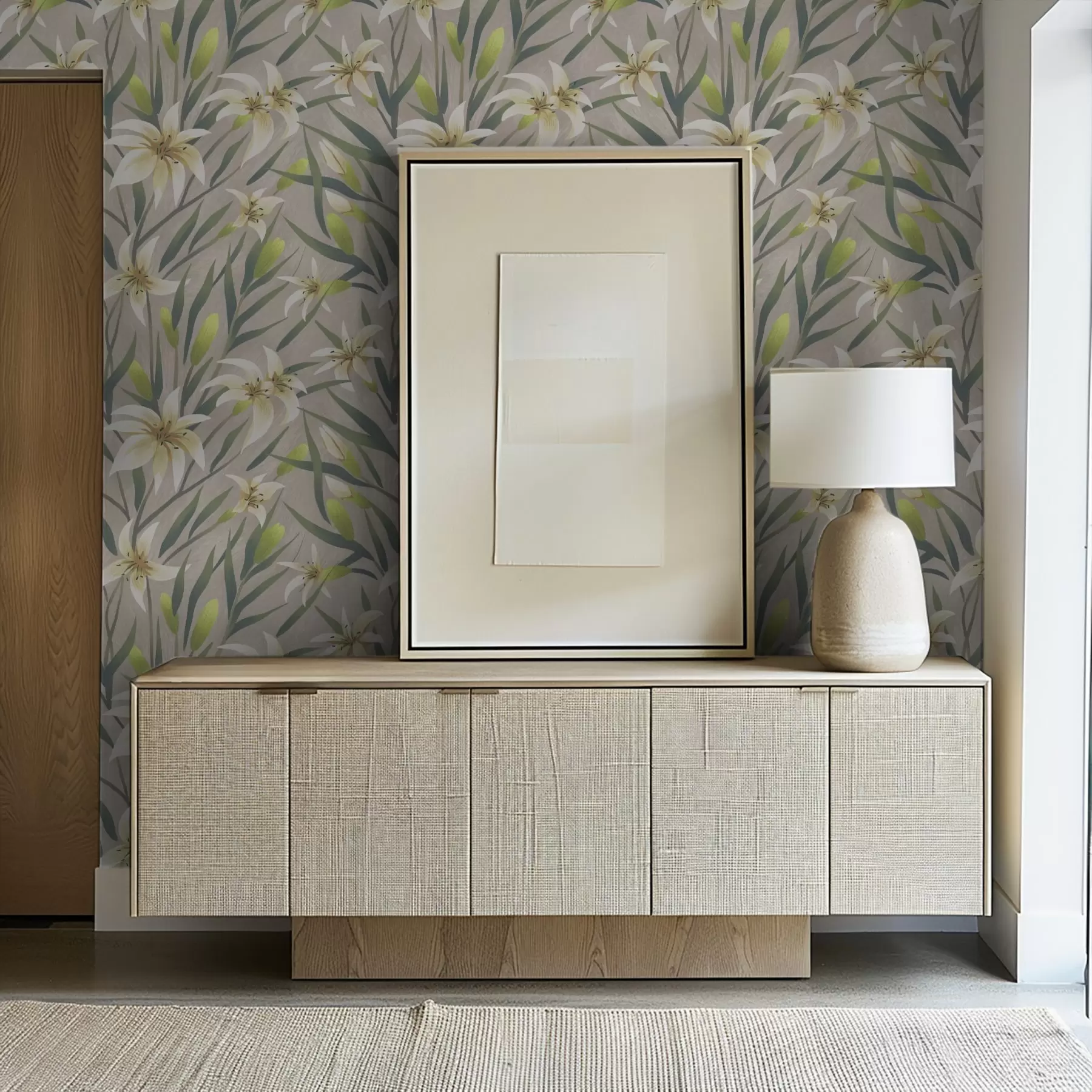 Fototapeta Kremowe lilie z liśćmi na szaro-beżowym tle a00837