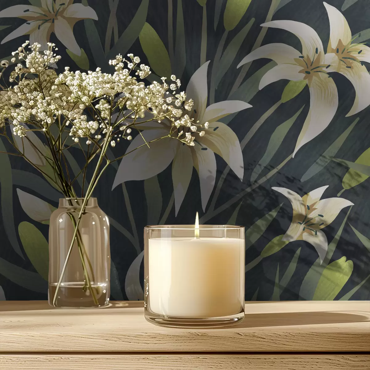 Tapeta Kremowe lilie z liśćmi na ciemnym tle a00837v1