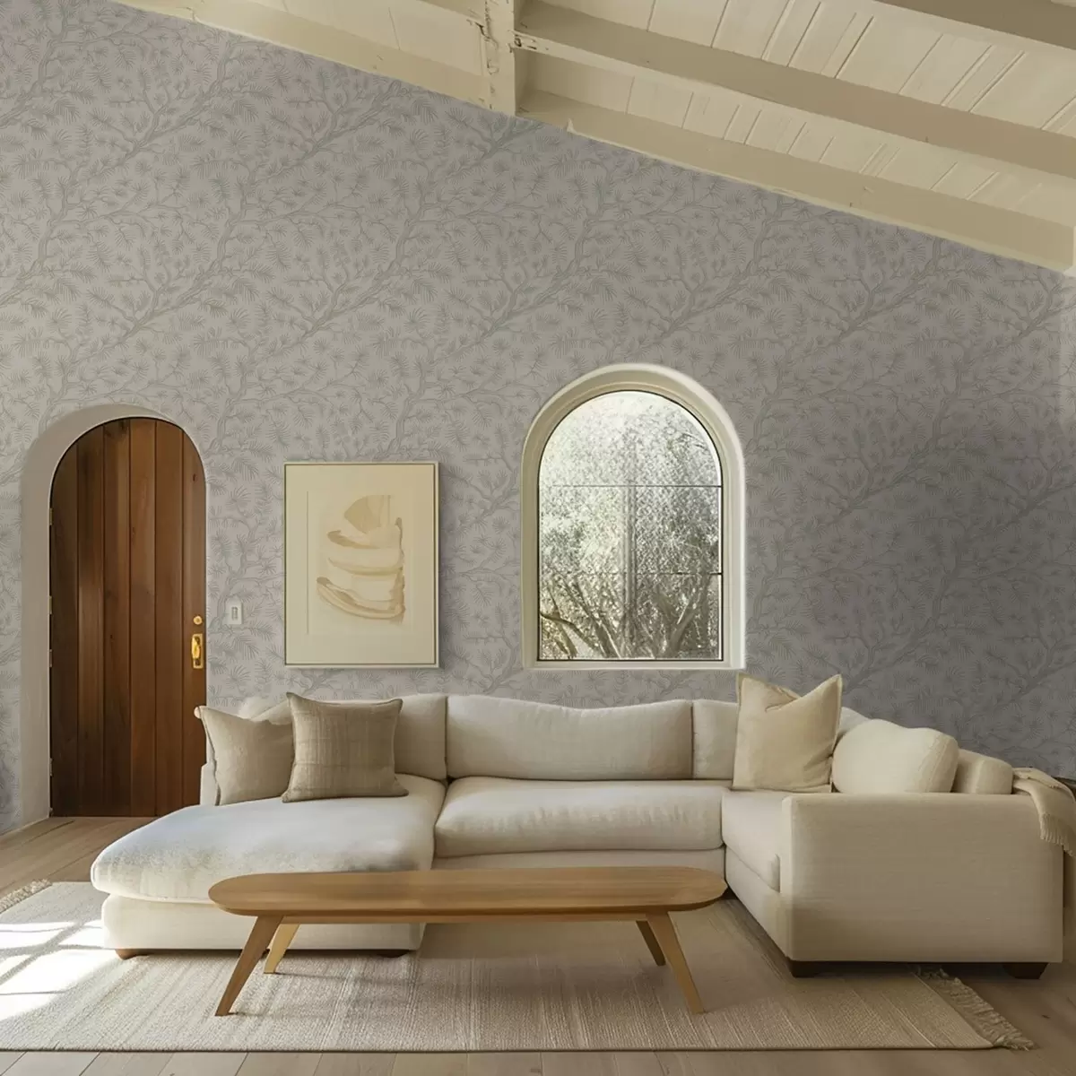 Tapeta Gałęzie sosny w jasnozielonych odcieniach na beżowym tle a00838v1