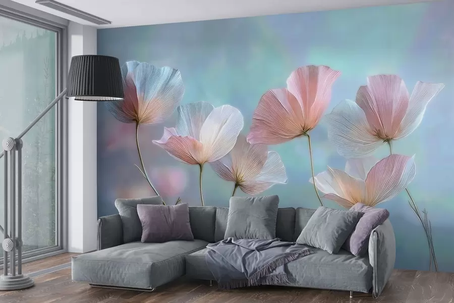 Fototapeta Przezroczyste płatki w pastelowych odcieniach różu i błękitu w04621