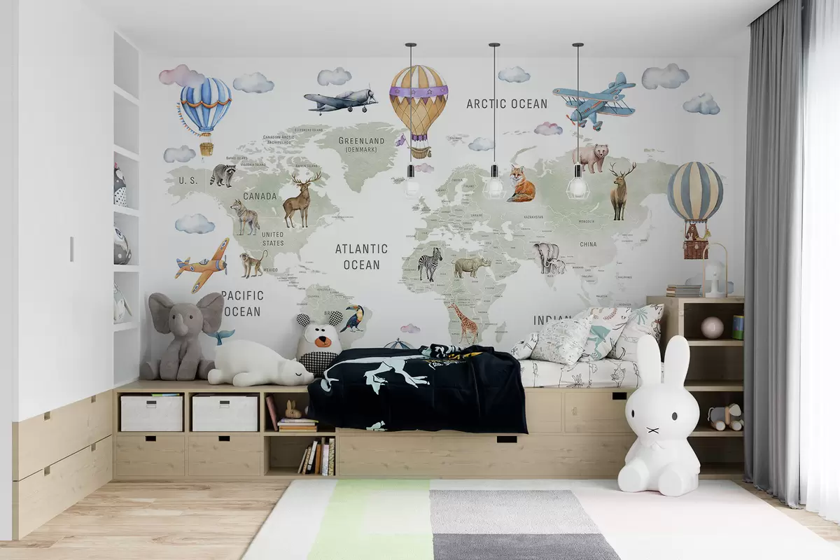 Fototapeta Mapa dla dzieci w stylu akwareli z motywem zwierząt i balonów na ogrzane powietrze. W języku angielskim. Kolor zielony. c00001en