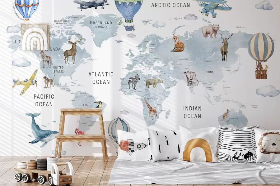 Fototapeta Mapa dla dzieci w stylu akwareli z motywem zwierząt i balonów na ogrzane powietrze. W języku angielskim. Kolor niebieski. c00001env1