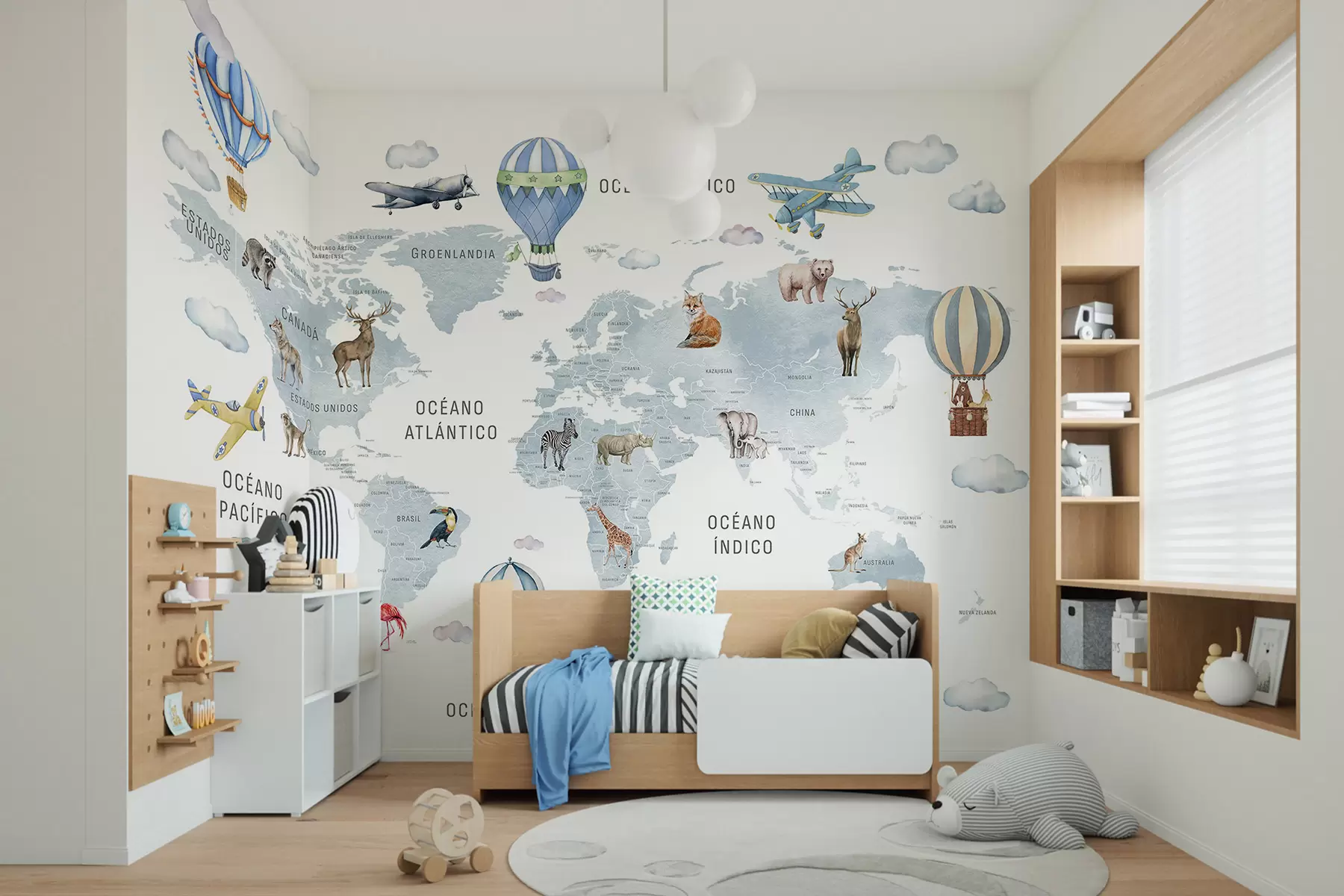 Fototapeta Mapa dla dzieci w stylu akwareli, przedstawiająca zwierzęta i balony na ogrzane powietrze. Język hiszpański. Niebieska. c00001esv1