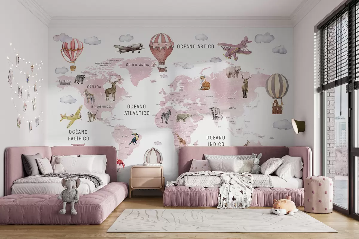 Fototapeta Mapa dla dzieci w stylu akwareli z motywami zwierząt i balonów na ogrzane powietrze. Język hiszpański. Kolor różowy. c00001esv3