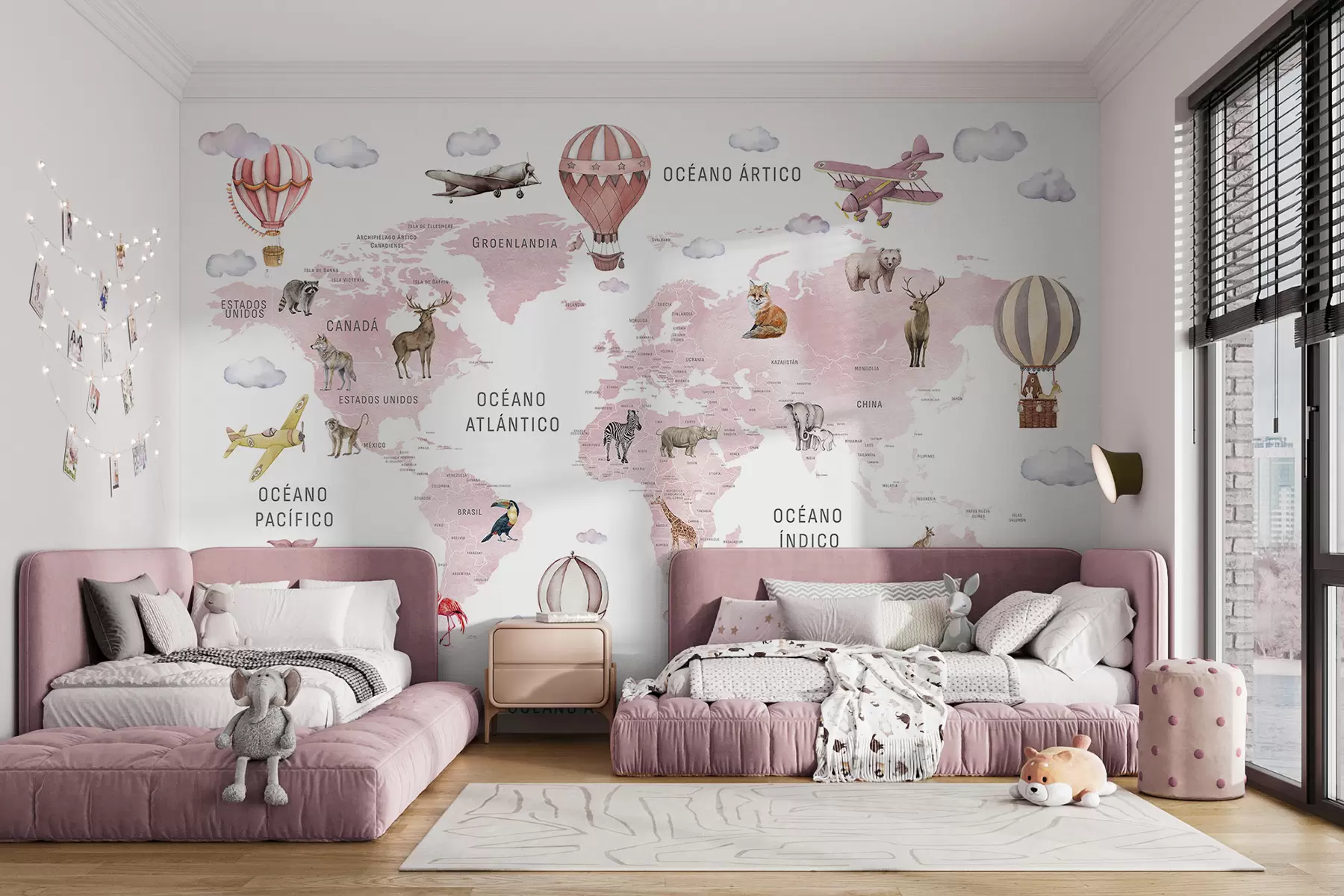 Fototapeta Mapa dla dzieci w stylu akwareli, przedstawiająca zwierzęta i balony na ogrzane powietrze. Język hiszpański. Różowa. c00001esv3