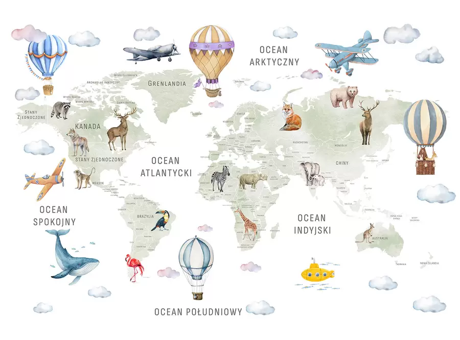Fototapeta Mapa dla dzieci w stylu akwareli z motywem zwierząt i balonów na ogrzane powietrze. W języku polskim. Kolor zielony c00001pl