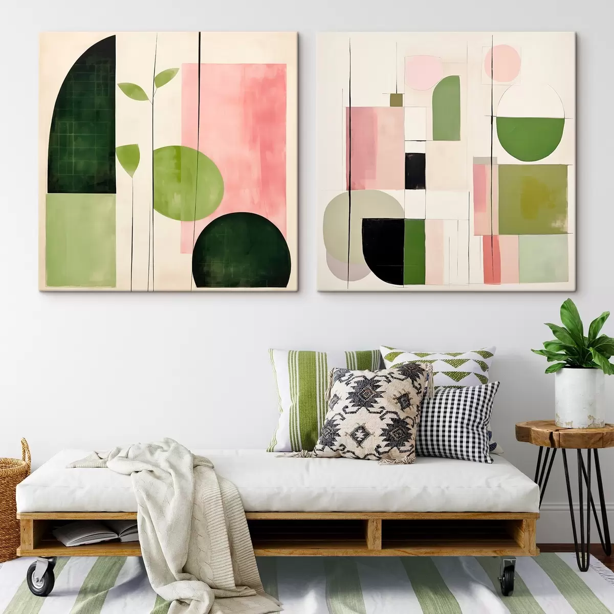 Obraz Minimalistyczny dyptyk ze stylizowaną florą i geometrią m00894