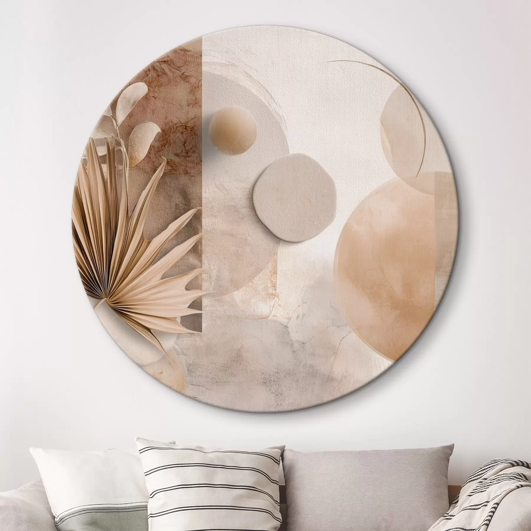 Obraz Suszone liście palmowe i trójwymiarowe koła w odcieniach beżu r46310