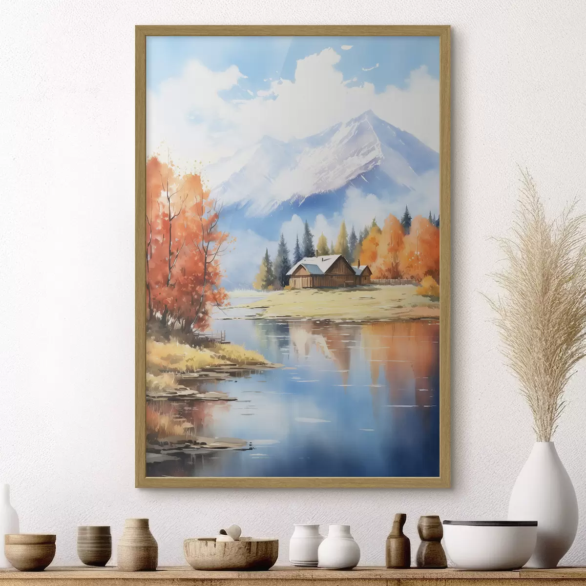 Plakat Jesienny krajobraz nad jeziorem z domem i górami f46184