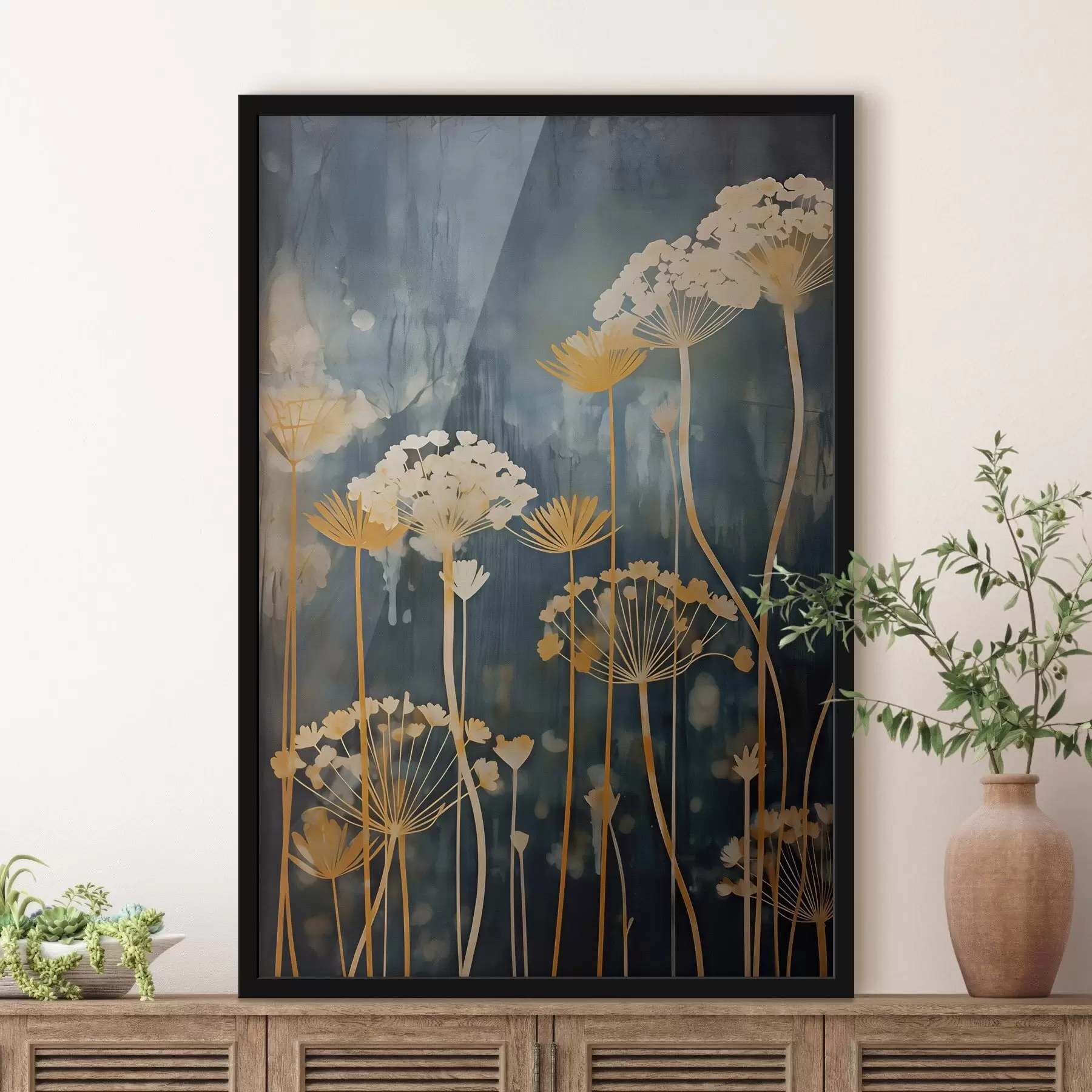 Fototapeta Stylizowane kwiaty o cienkich łodygach na ciemnym tle f46188