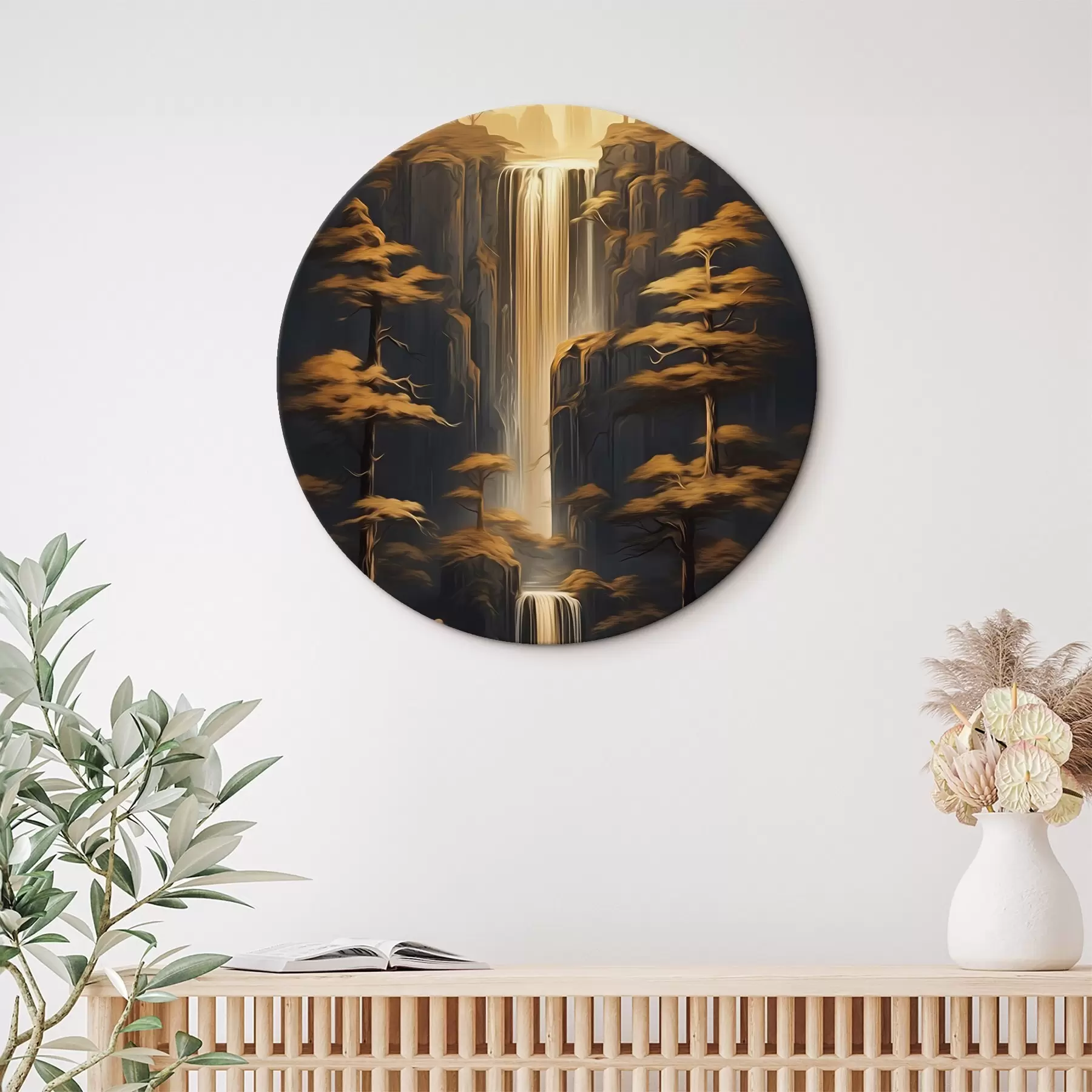 Obraz Wysokie klify z wodospadem i sosnami w wieczornym świetle r46151