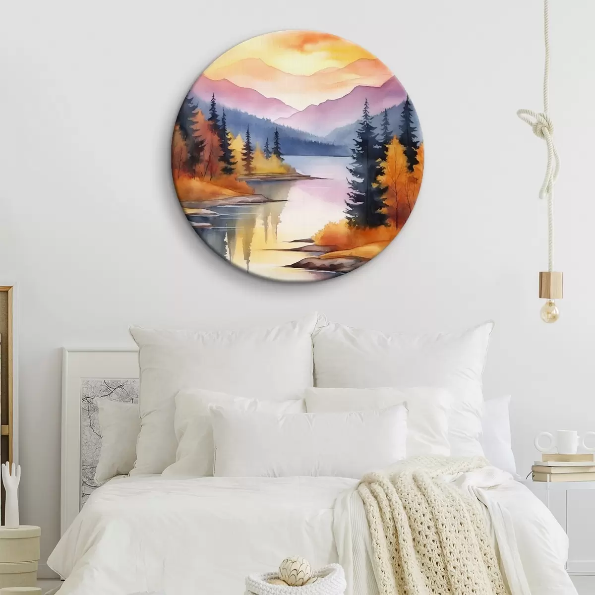 Okrągłe obrazy Jesienny krajobraz nad jeziorem z jasnym niebem r46155