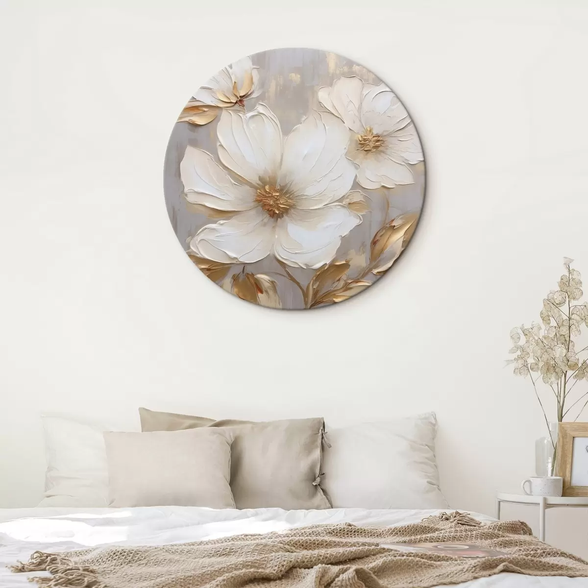 Okrągłe obrazy Duże, teksturowane kwiaty z pociągnięciami pędzla w ciepłej palecie barw r46176