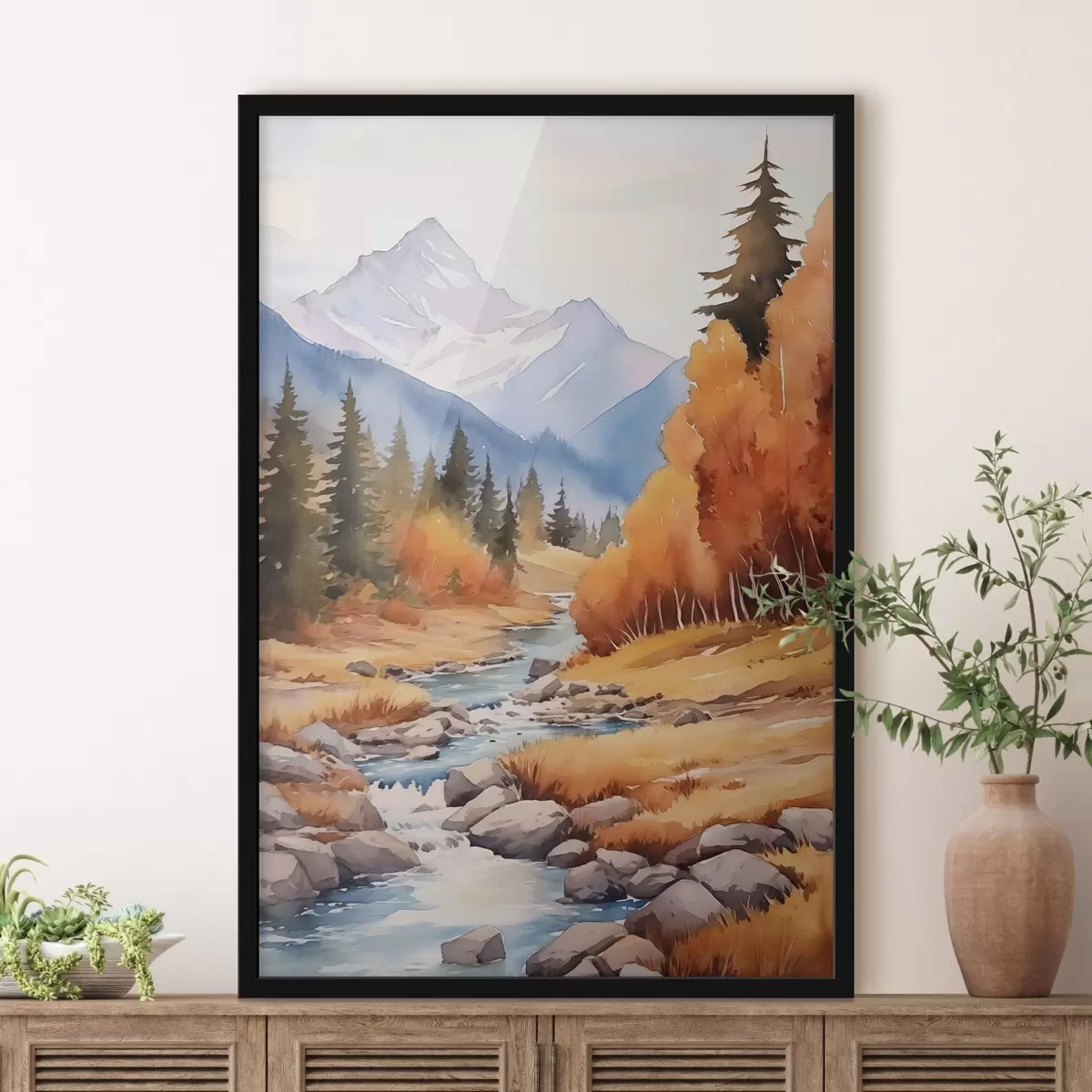 Plakat Jesienna górska sceneria z rzeką i bujnym lasem f46187
