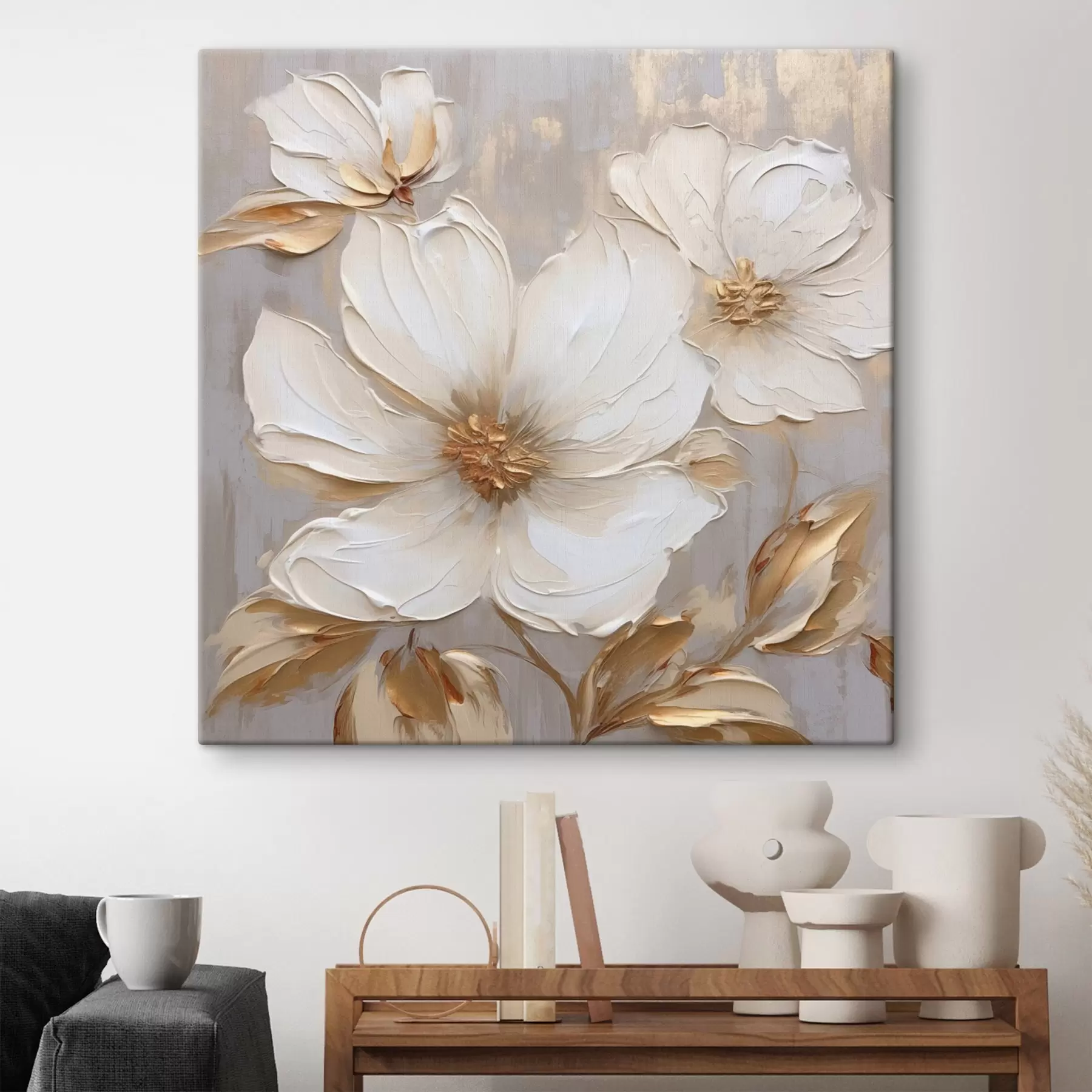 Obraz Duże, teksturowane kwiaty z pociągnięciami pędzla w ciepłej palecie barw s46176