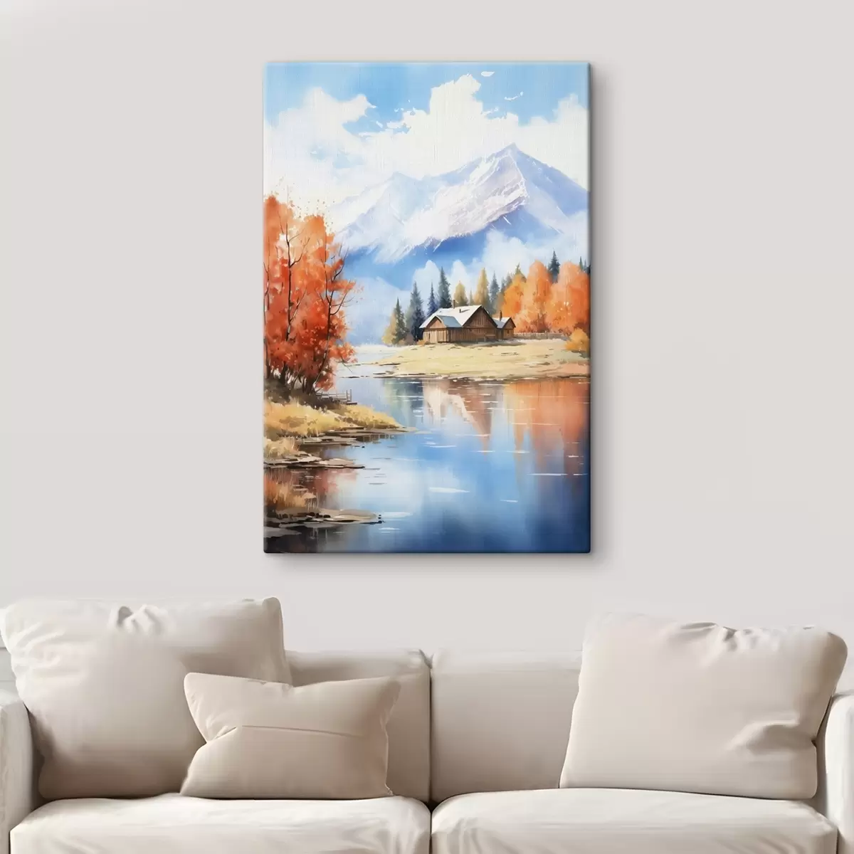 Obraz Jesienny krajobraz nad jeziorem z domem i górami s46184