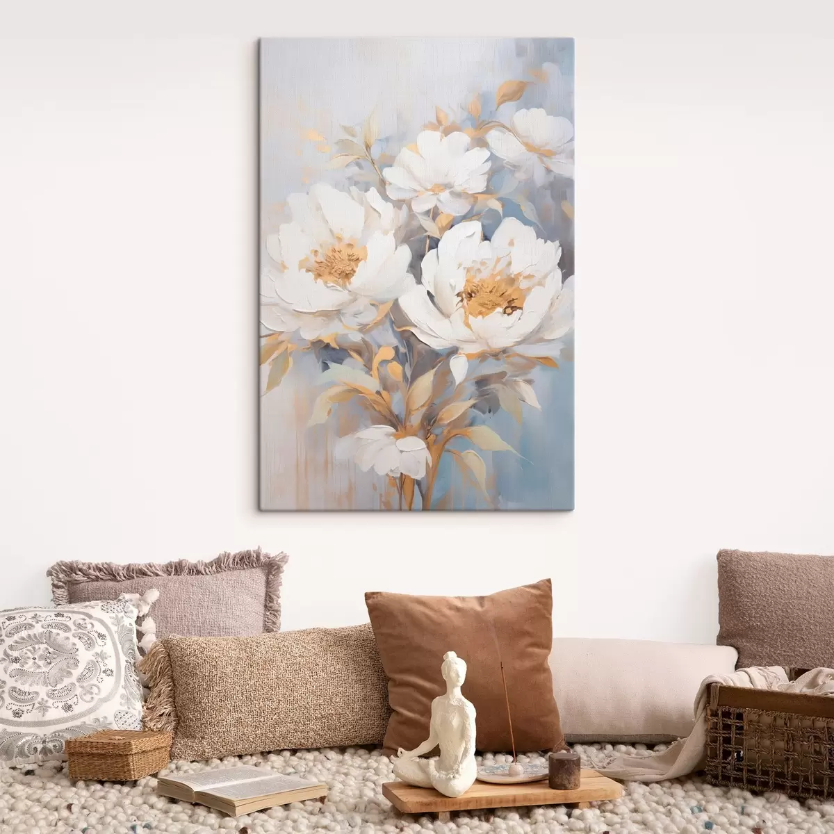 Obraz Białe piwonie z żółtymi środkami i liśćmi, delikatne pociągnięcia pędzla, jasnoniebieskie tło, kompozycja kwiatowa s46270