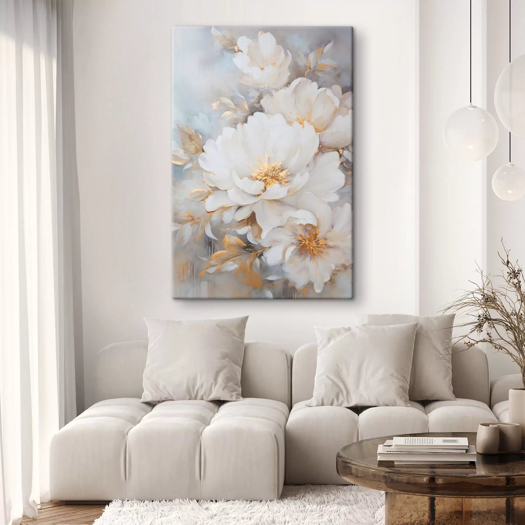 Obraz Białe piwonie z żółtymi środkami i liśćmi, delikatne pociągnięcia pędzla, jasnoniebieskie tło, kompozycja kwiatowa s46271