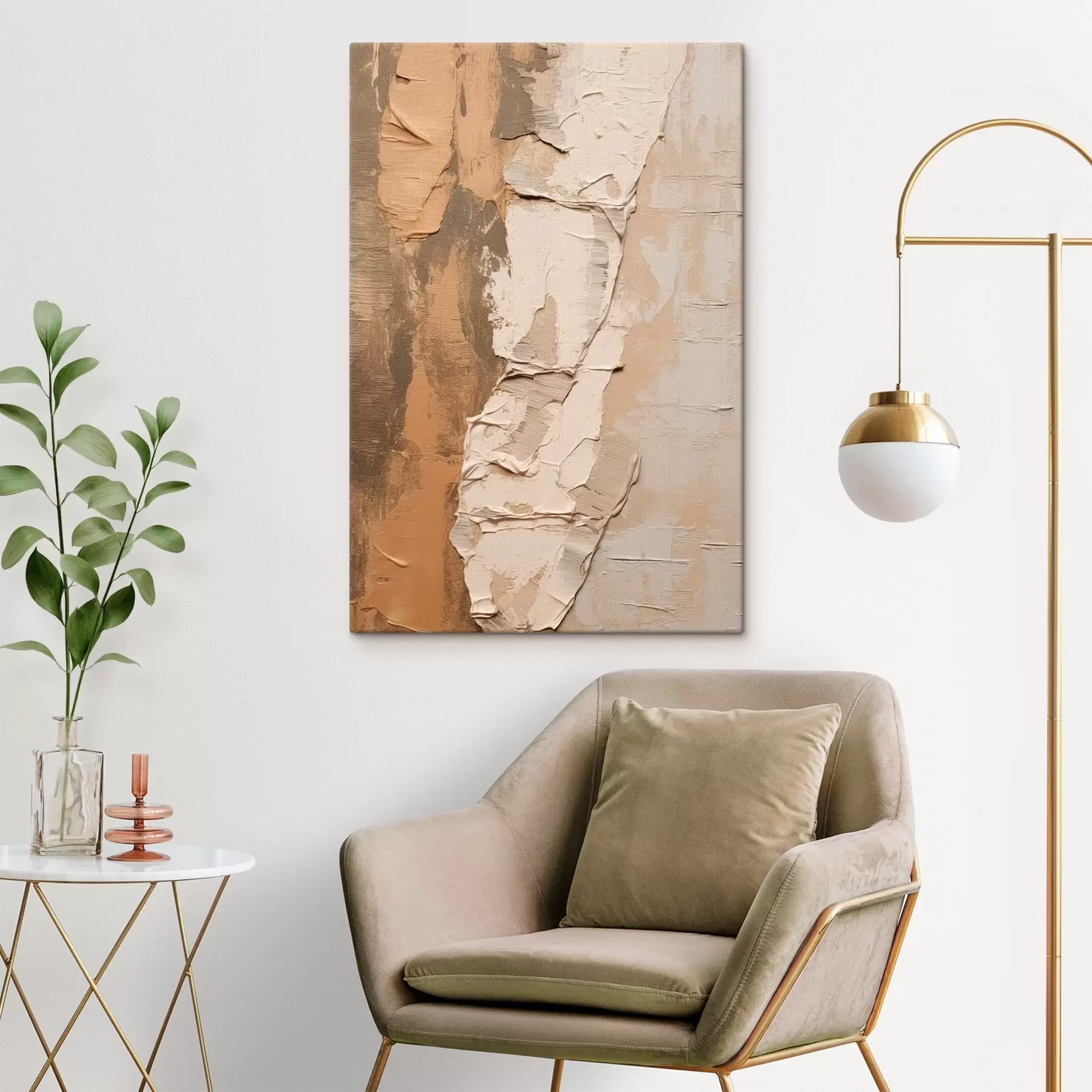 Obraz Malarstwo abstrakcyjne z grubymi pociągnięciami pędzla, beżowymi i brązowymi odcieniami, teksturowaną powierzchnią, neutralną paletą kolorów s46272