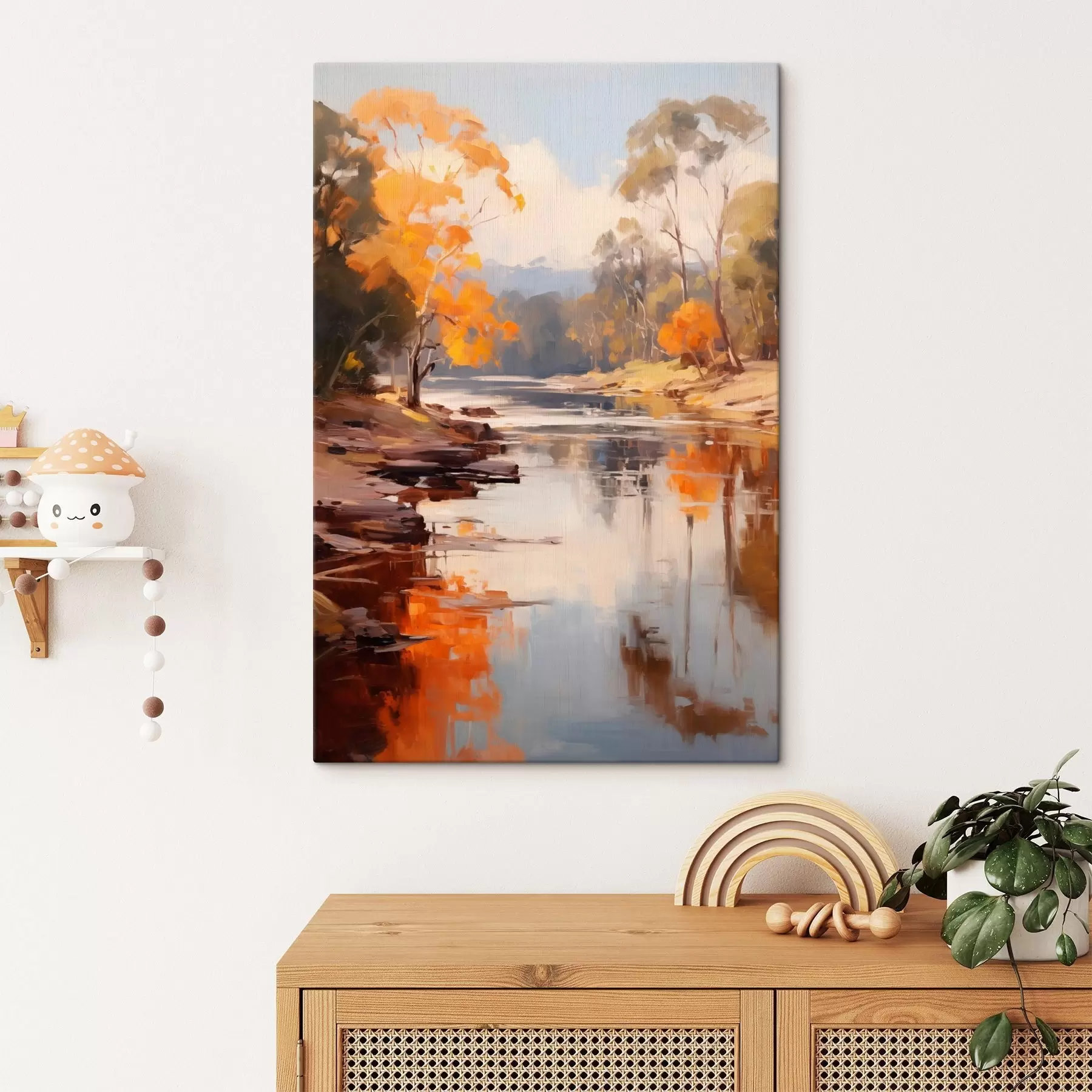 Obraz Jesienny krajobraz, rzeka z drzewami na brzegu, las w tle, odbicia na wodzie s46280