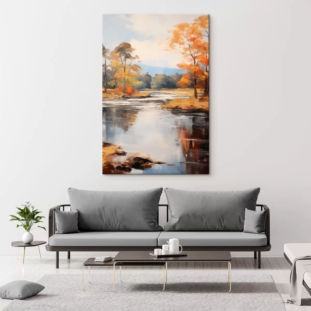 Obraz Krajobraz z rzeką płynącą przez las jesienią, żółte i pomarańczowe drzewa, styl malarski s46281
