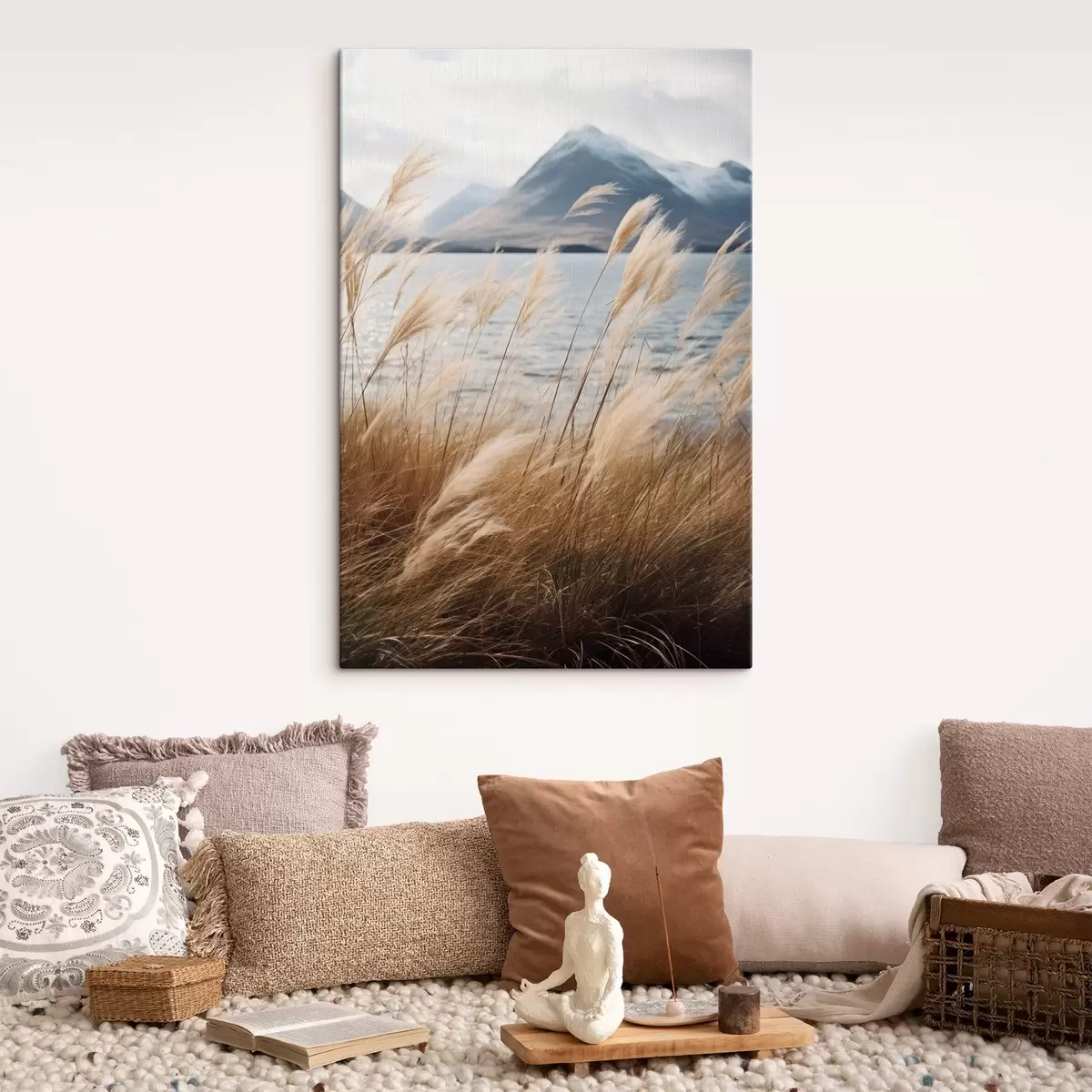 Obraz Trawa pampasowa z jeziorem i górami w tle, delikatne oświetlenie, stonowane kolory, styl naturalistyczny s46283