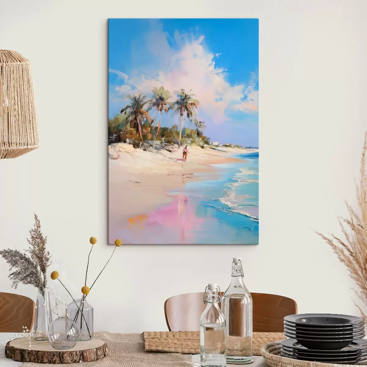 Obraz Abstrakcyjny krajobraz, plaża z palmami, jasny, słoneczny dzień z błękitnym niebem i kilkoma chmurami s46284