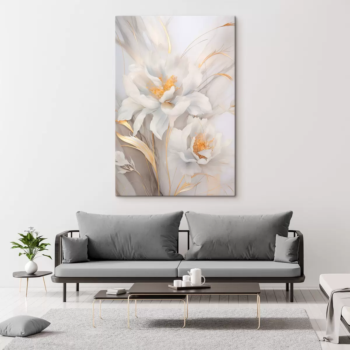 Obraz Białe kwiaty z żółtymi słupkami i łodygami, delikatne płatki, elegancka kompozycja, neutralne tło s46293